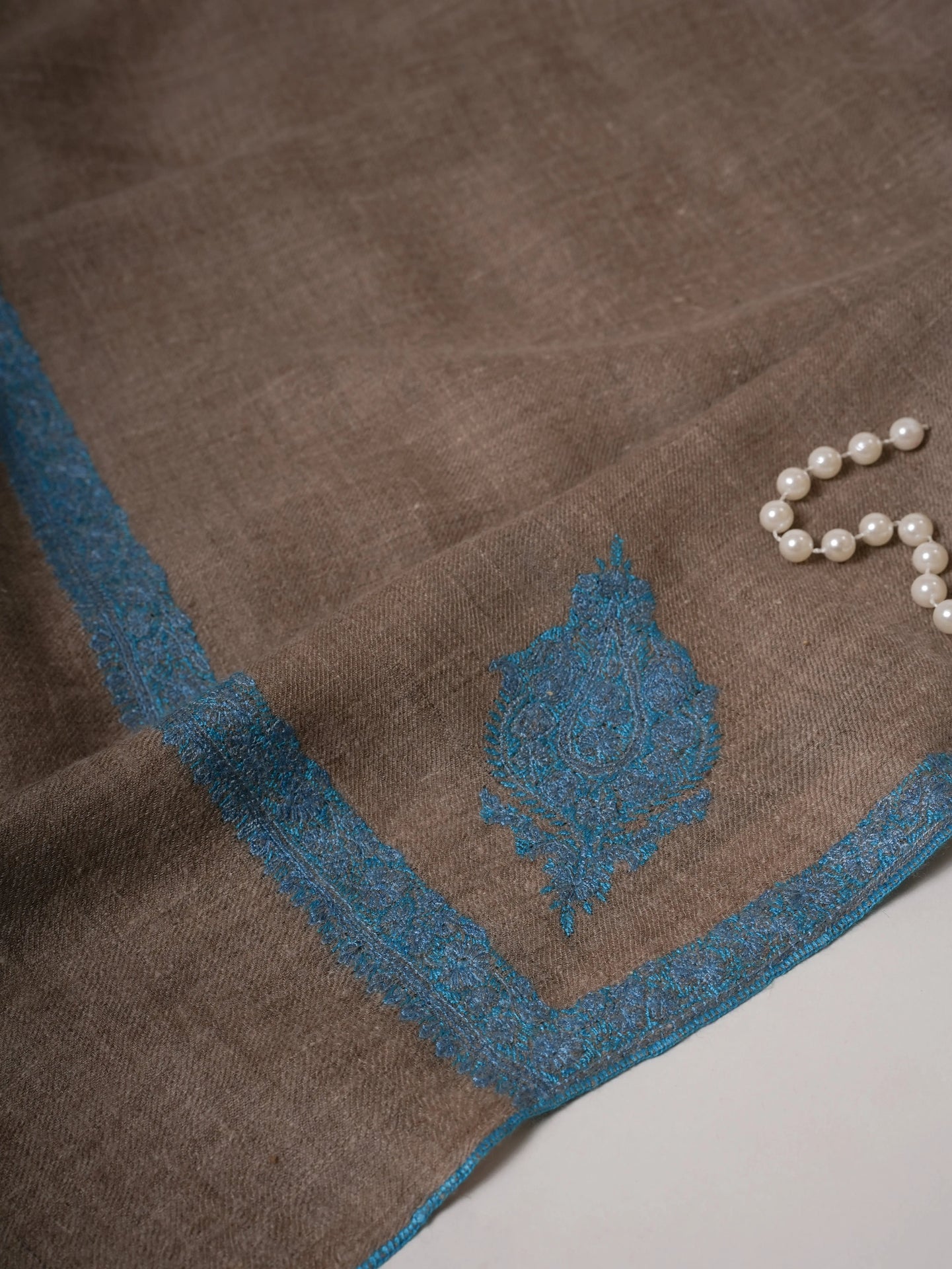 Natural Grey Oversized Pashmina Shawl with Blue Hashia Hand Embroidery Shahkaar