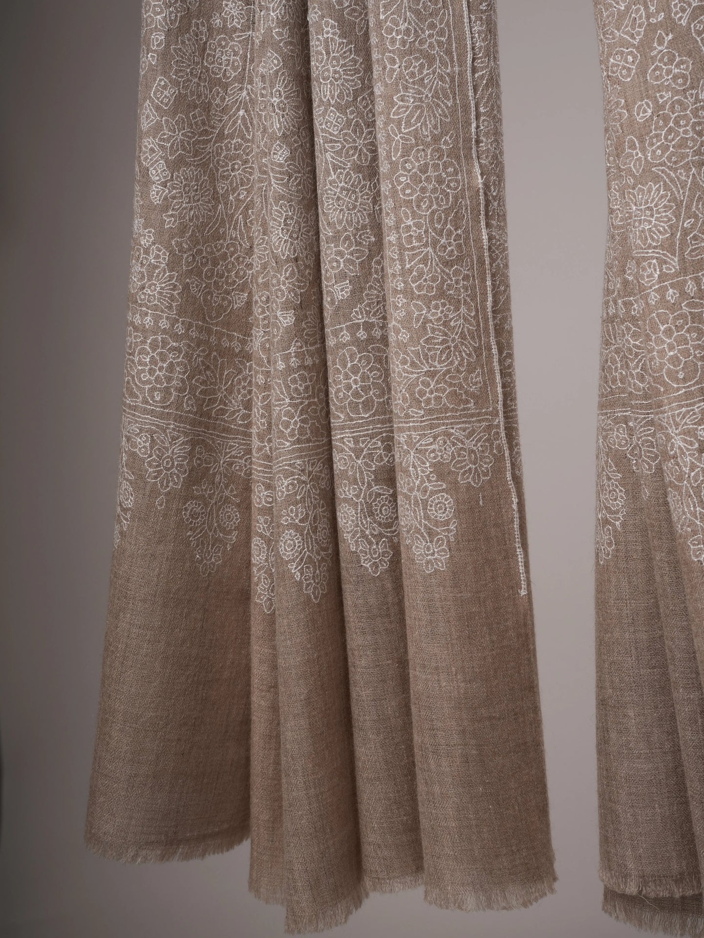 Natural Grey Pashmina Shawl with Jamavar All-Over White Embroidery Shahkaar