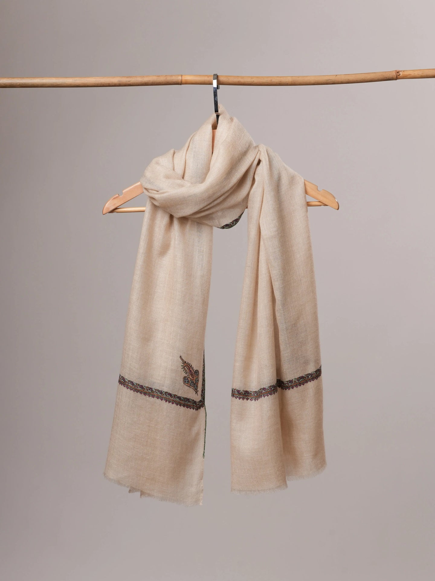 Natural Off White Cashmere Scarf with Classic Hashia Hand Embroidery Shahkaar