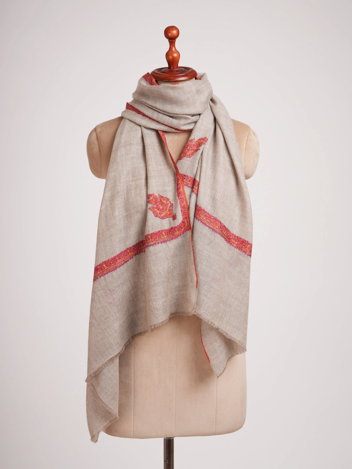Natural Silver Hashia Hand Embroidered Cashmere Scarf Shahkaar