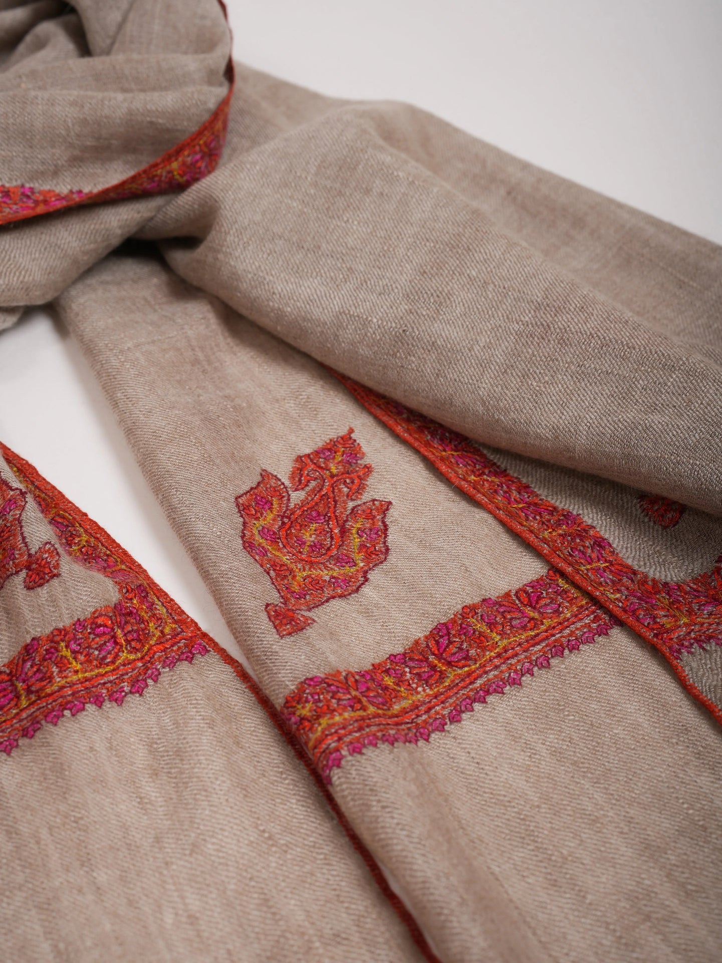 Natural Silver Hashia Hand Embroidered Cashmere Scarf Shahkaar