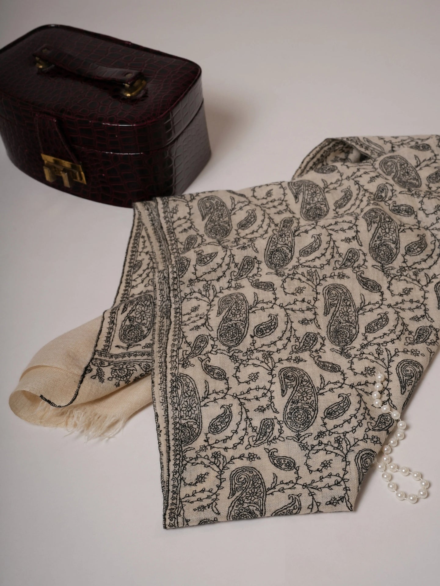 Natural White Cashmere Scarf with All-Over Black Hand Embroidery Shahkaar