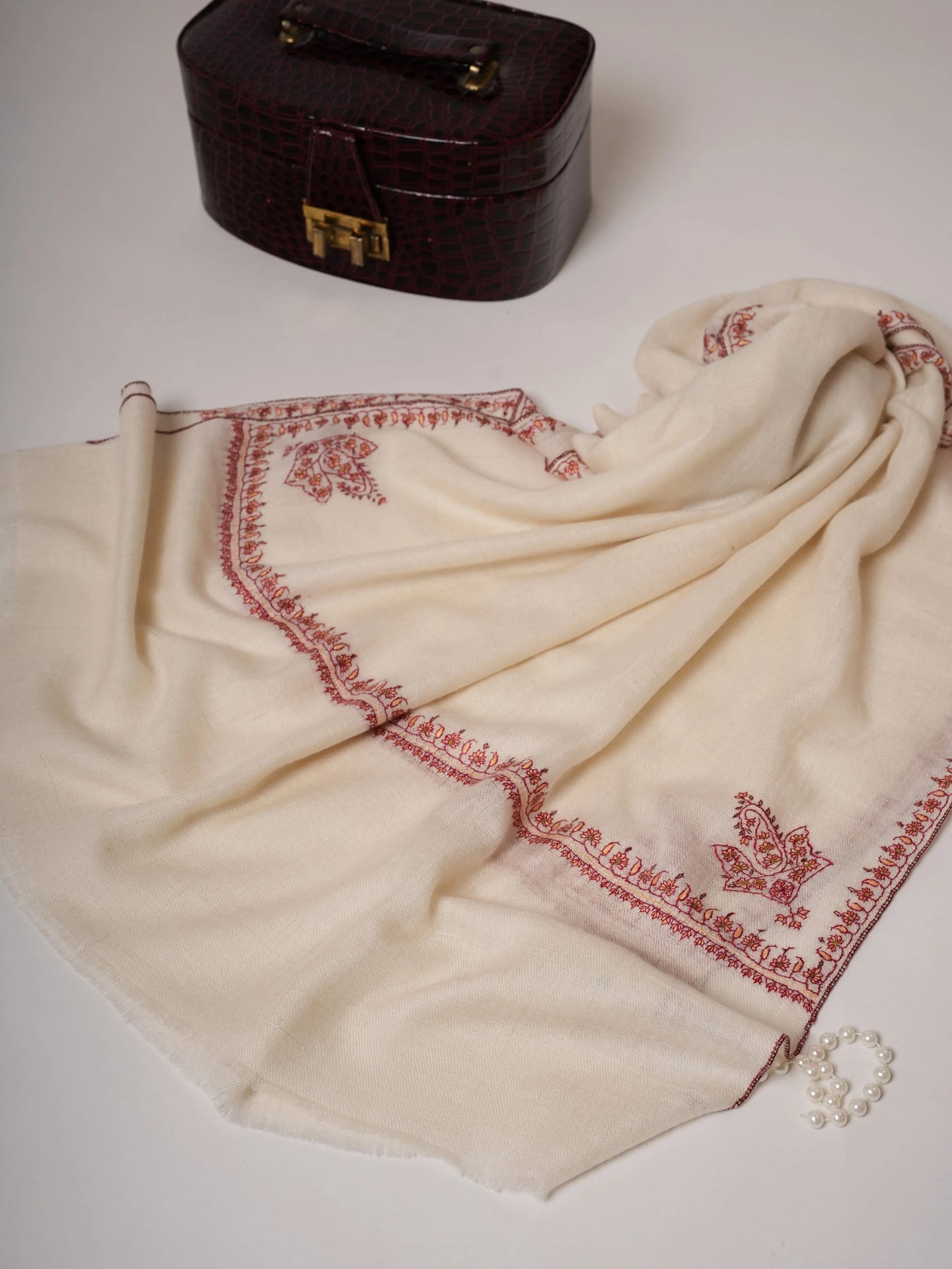 Natural White Cashmere Scarf with Hashia Hand Embroidery & Paisley Corner Motif Shahkaar
