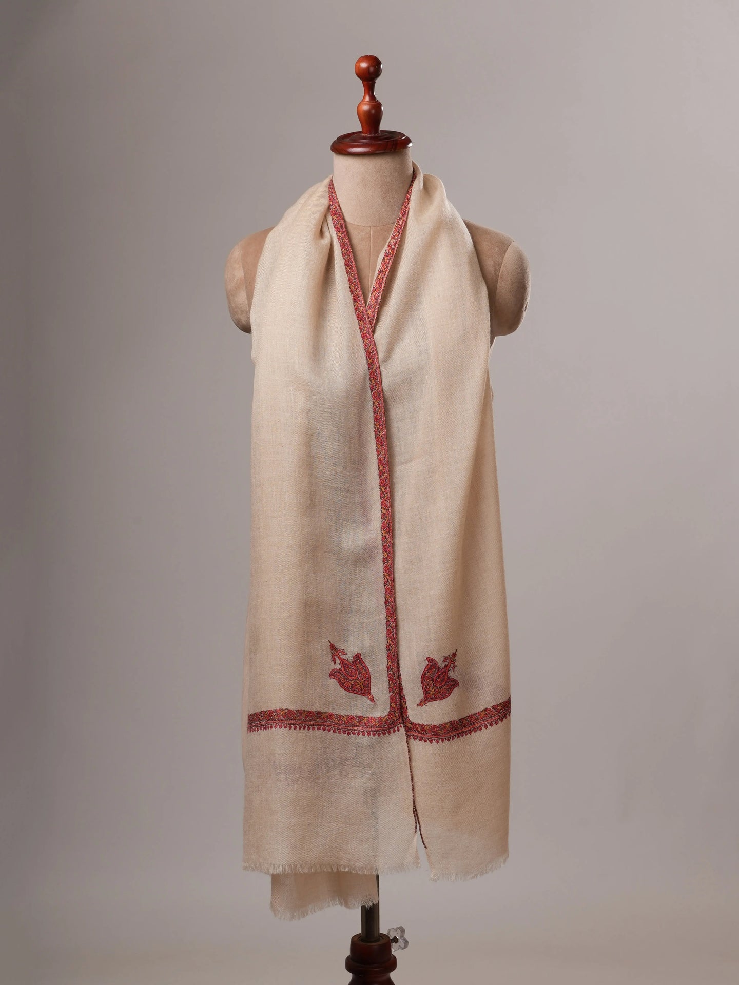 Natural White Cashmere Scarf with Traditional Hashia Hand Embroidery Shahkaar