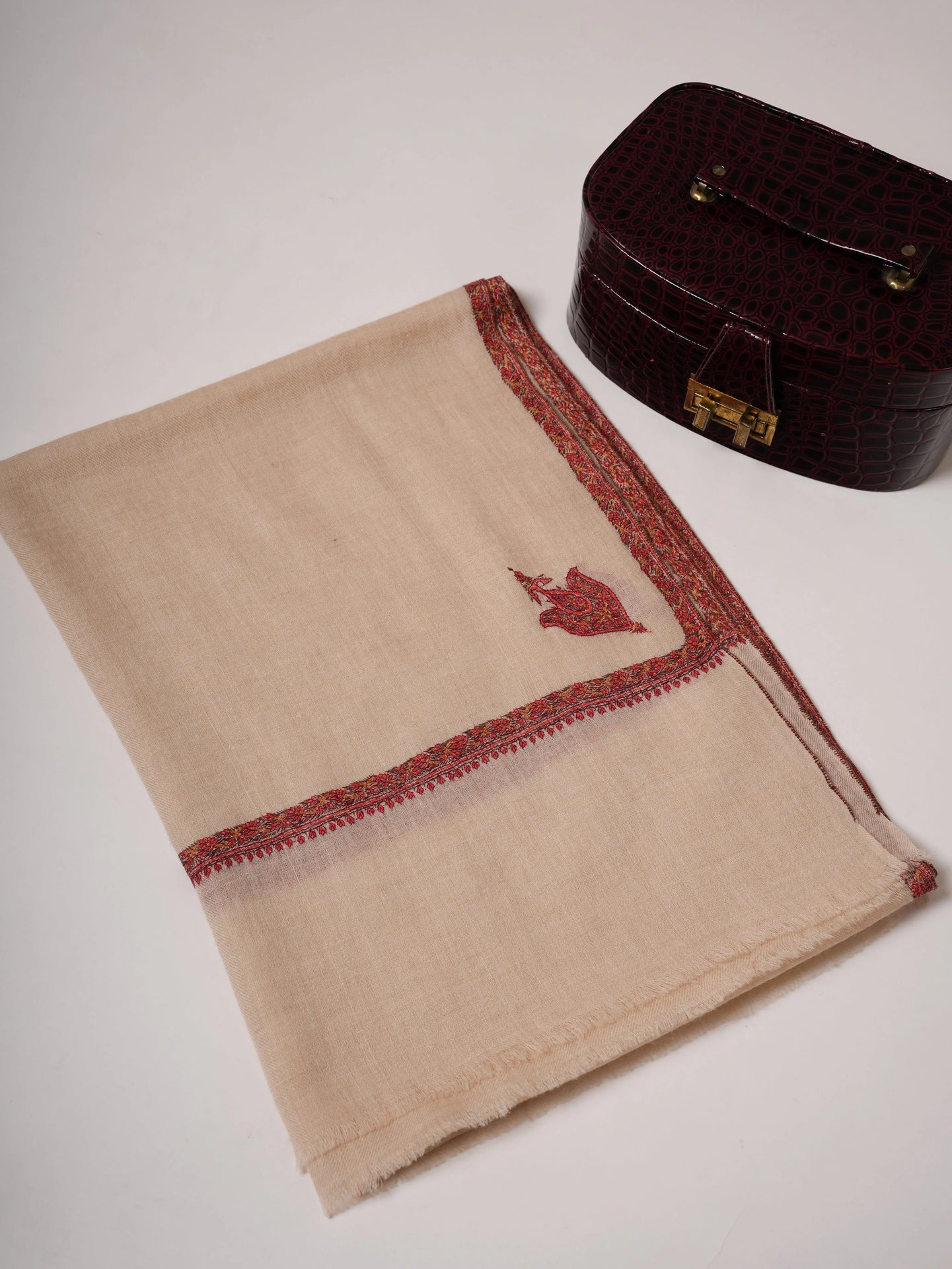 Natural White Cashmere Scarf with Traditional Hashia Hand Embroidery Shahkaar
