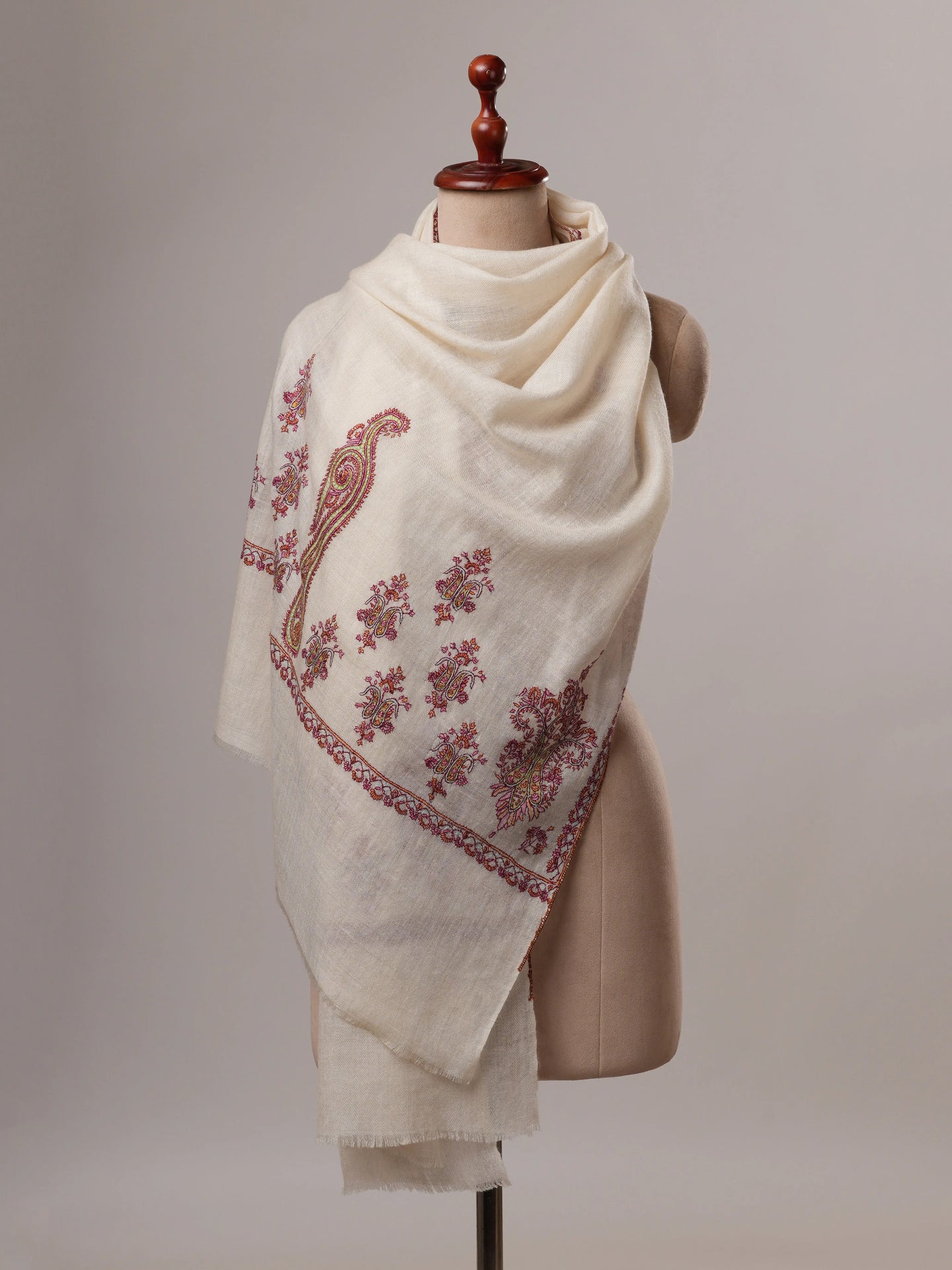 Natural White Hand Embroidered Baby Soft Cashmere Scarf Shahkaar