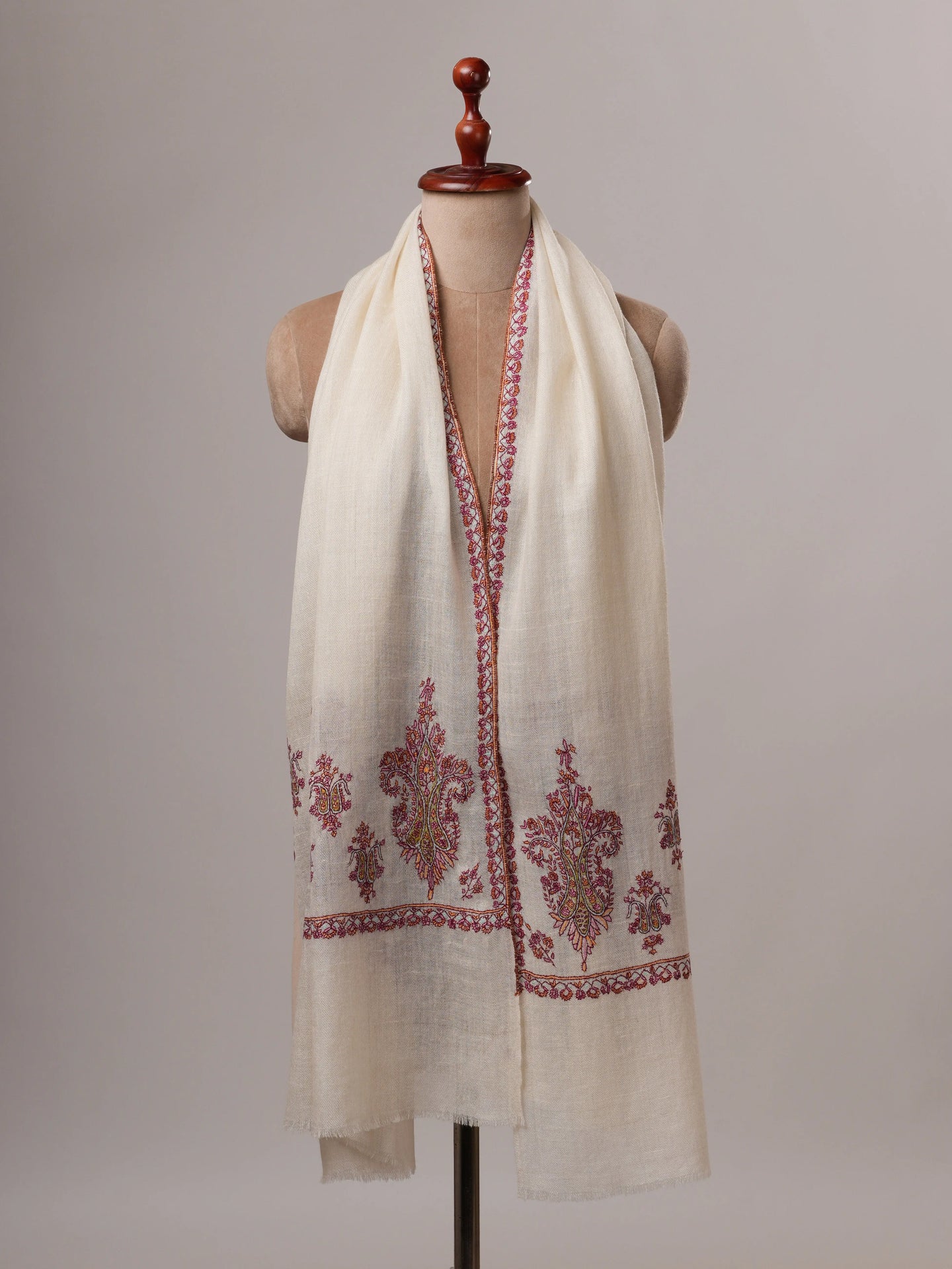 Natural White Hand Embroidered Baby Soft Cashmere Scarf Shahkaar