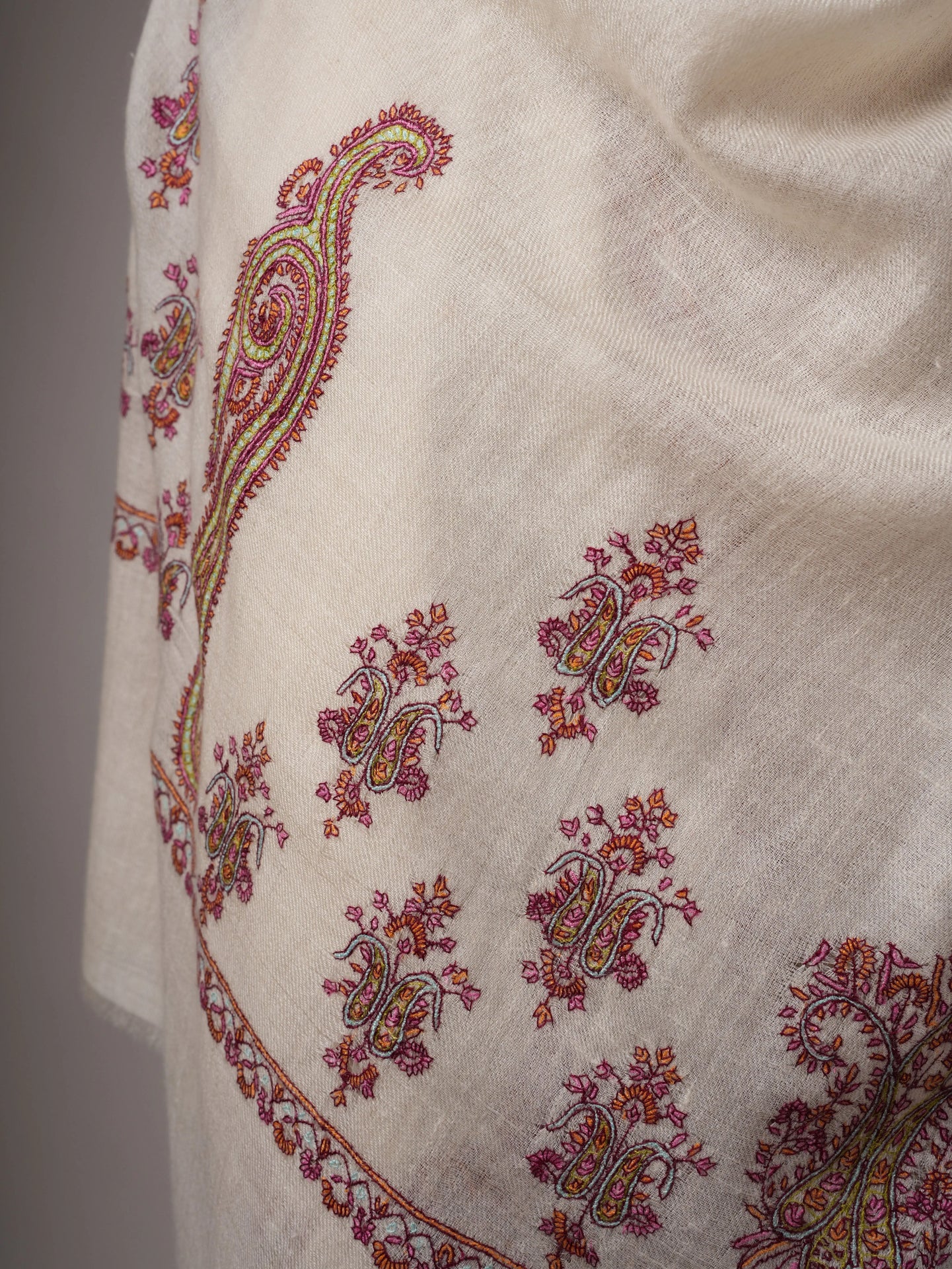 Natural White Hand Embroidered Baby Soft Cashmere Scarf Shahkaar