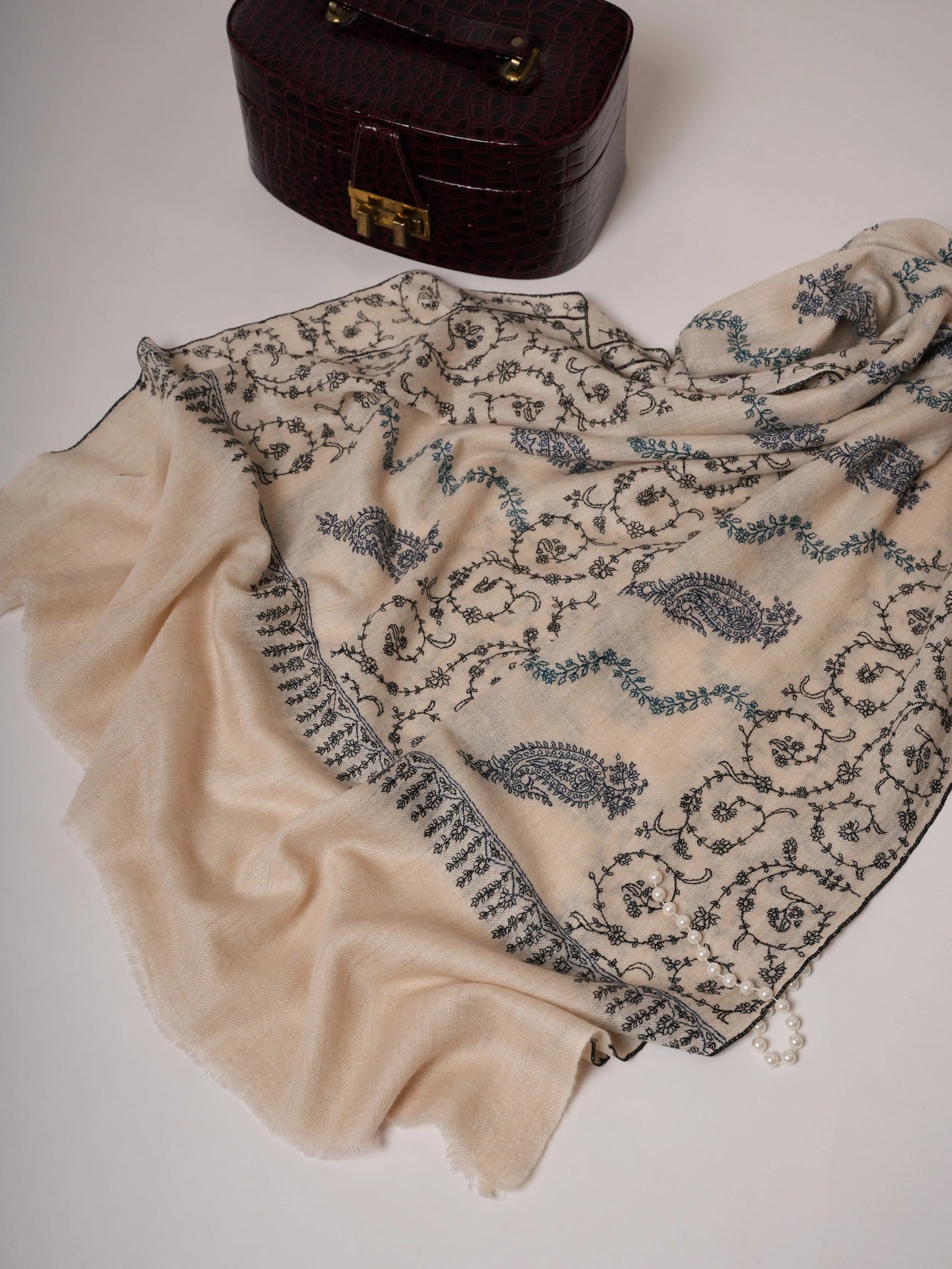 Off White All-Over Hand Embroidered Indian Cashmere Scarf Shahkaar