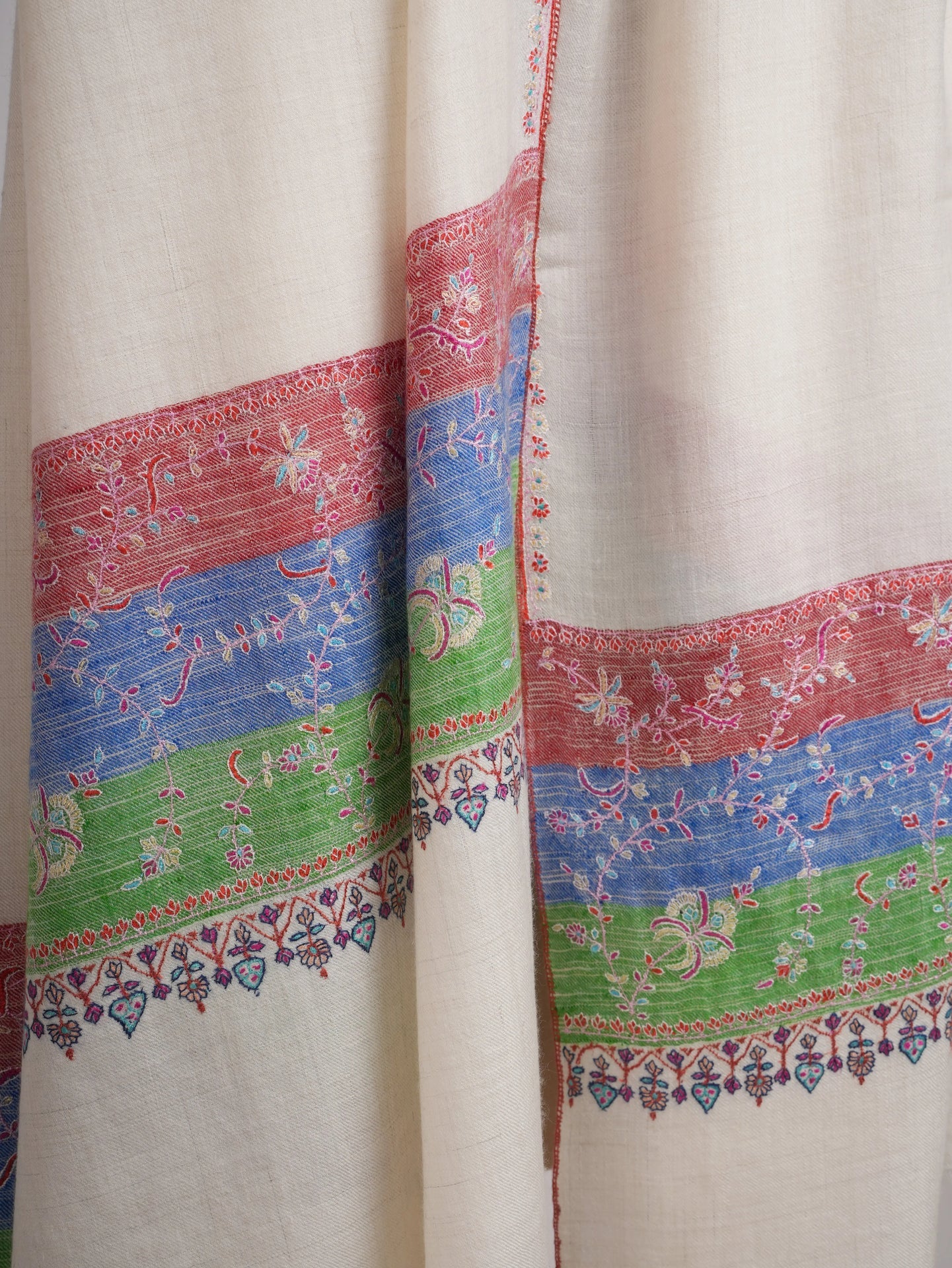 Off White Pashmina Shawl with Contrast Red Blue Green Palla Shahkaar