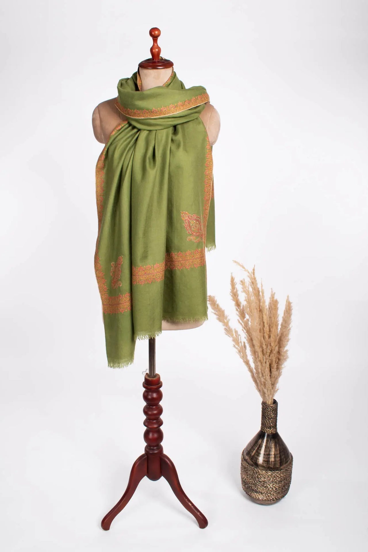 Olive Green Neemdaur Beautiful Luxury Cashmere Wrap - IDAHO Shahkaar