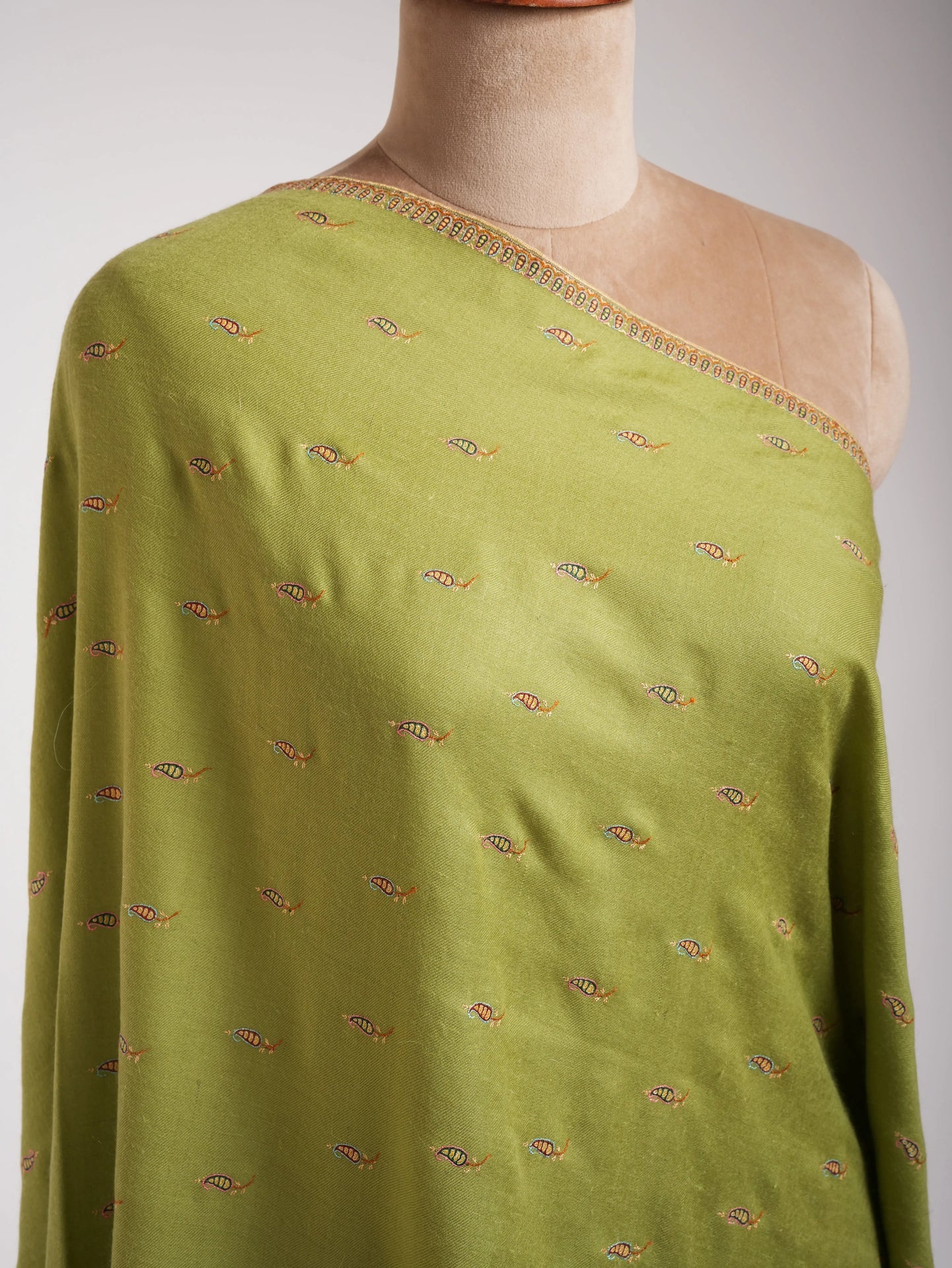 Olive Green Paisley Buteh Silk Embroidered Pashmina Shawl Shahkaar