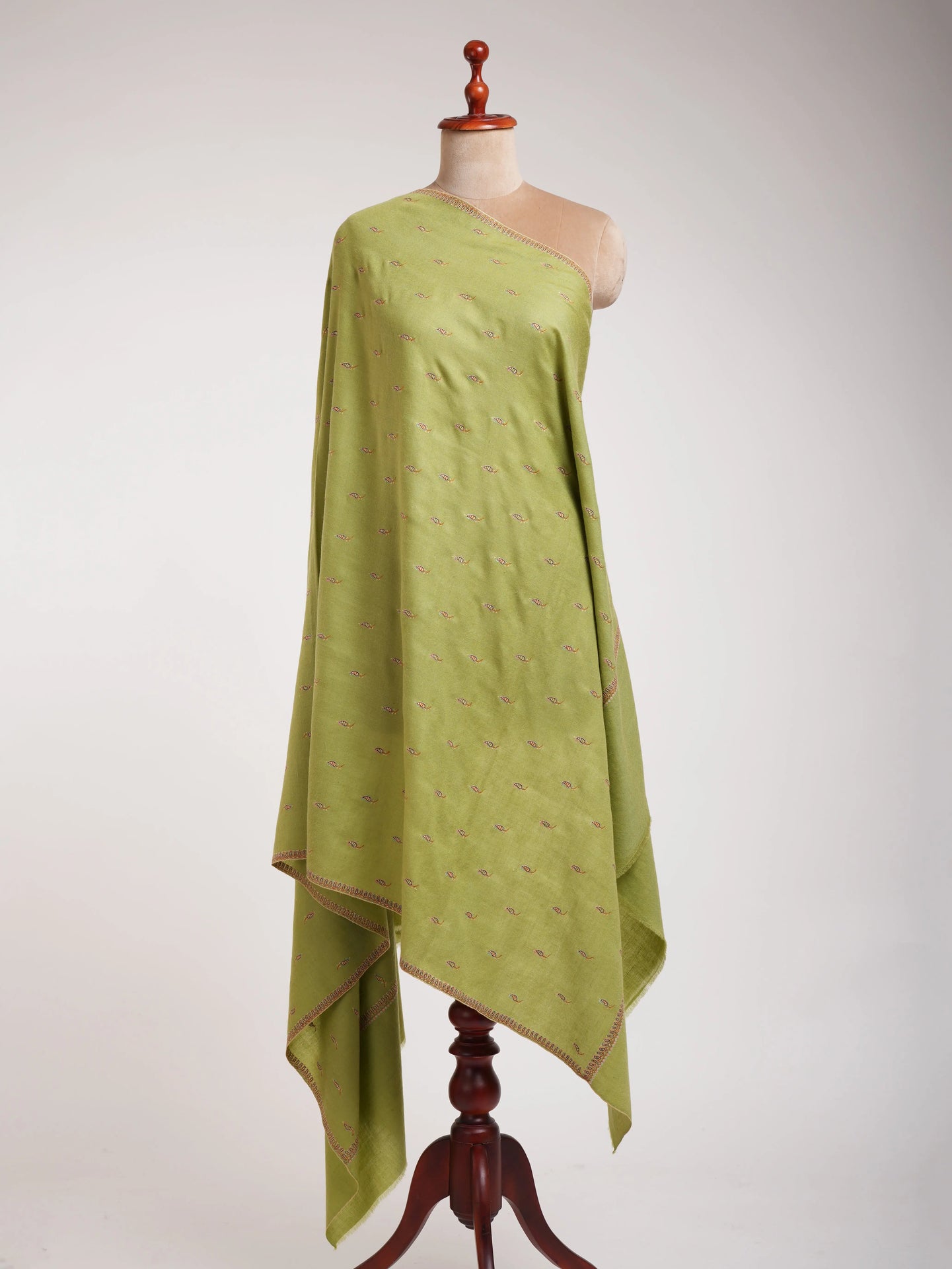 Olive Green Paisley Buteh Silk Embroidered Pashmina Shawl Shahkaar