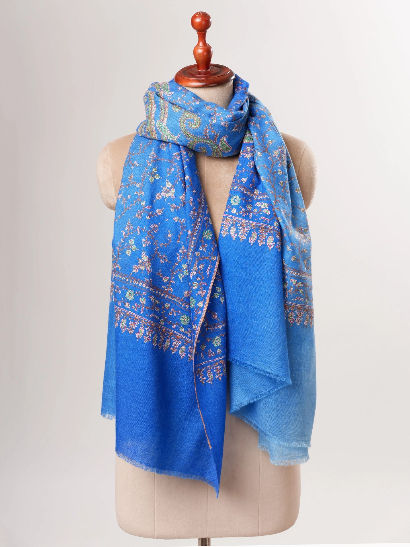 Ombre Blue Pashmina Shawl, Hand Embroided, Hand Woven, Made in Kashmir Shahkaar