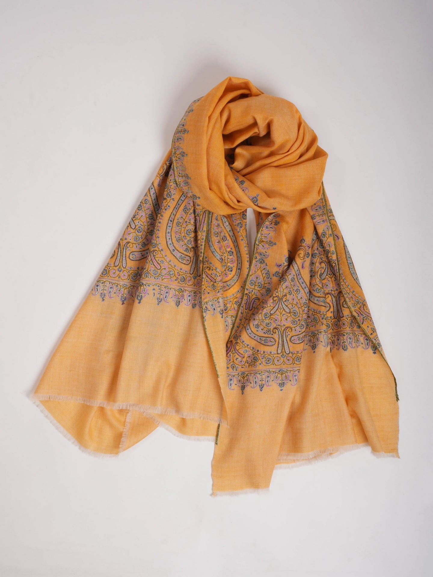 Orange Kashmir Pashmina Shawl with Palla Sozni Embroidery Shahkaar