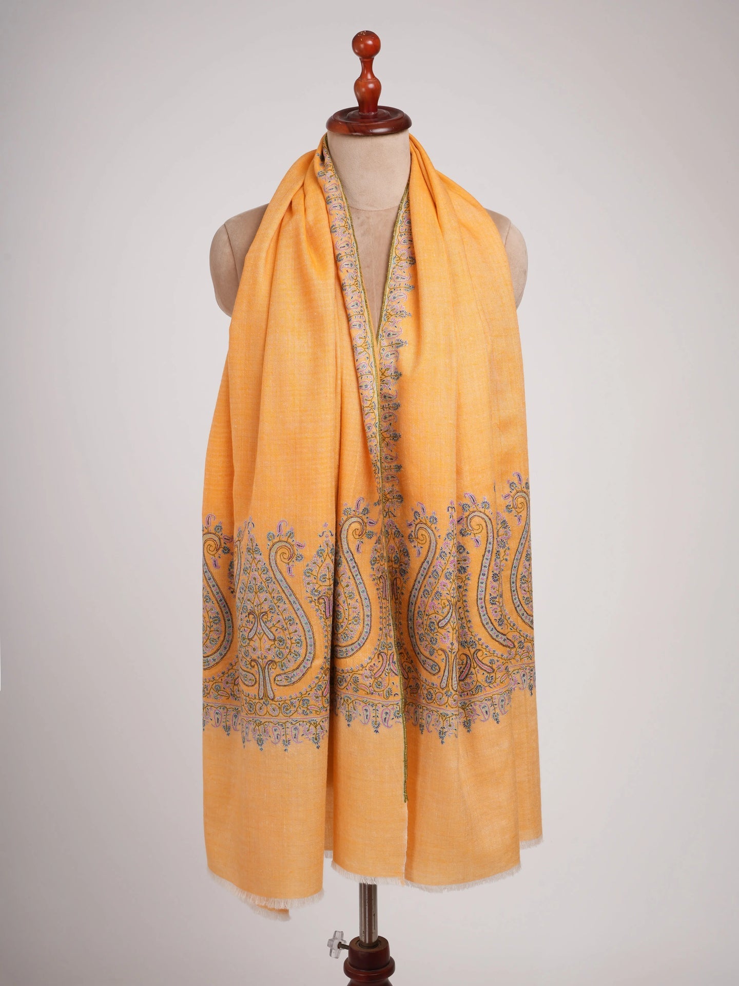 Orange Kashmir Pashmina Shawl with Palla Sozni Embroidery Shahkaar