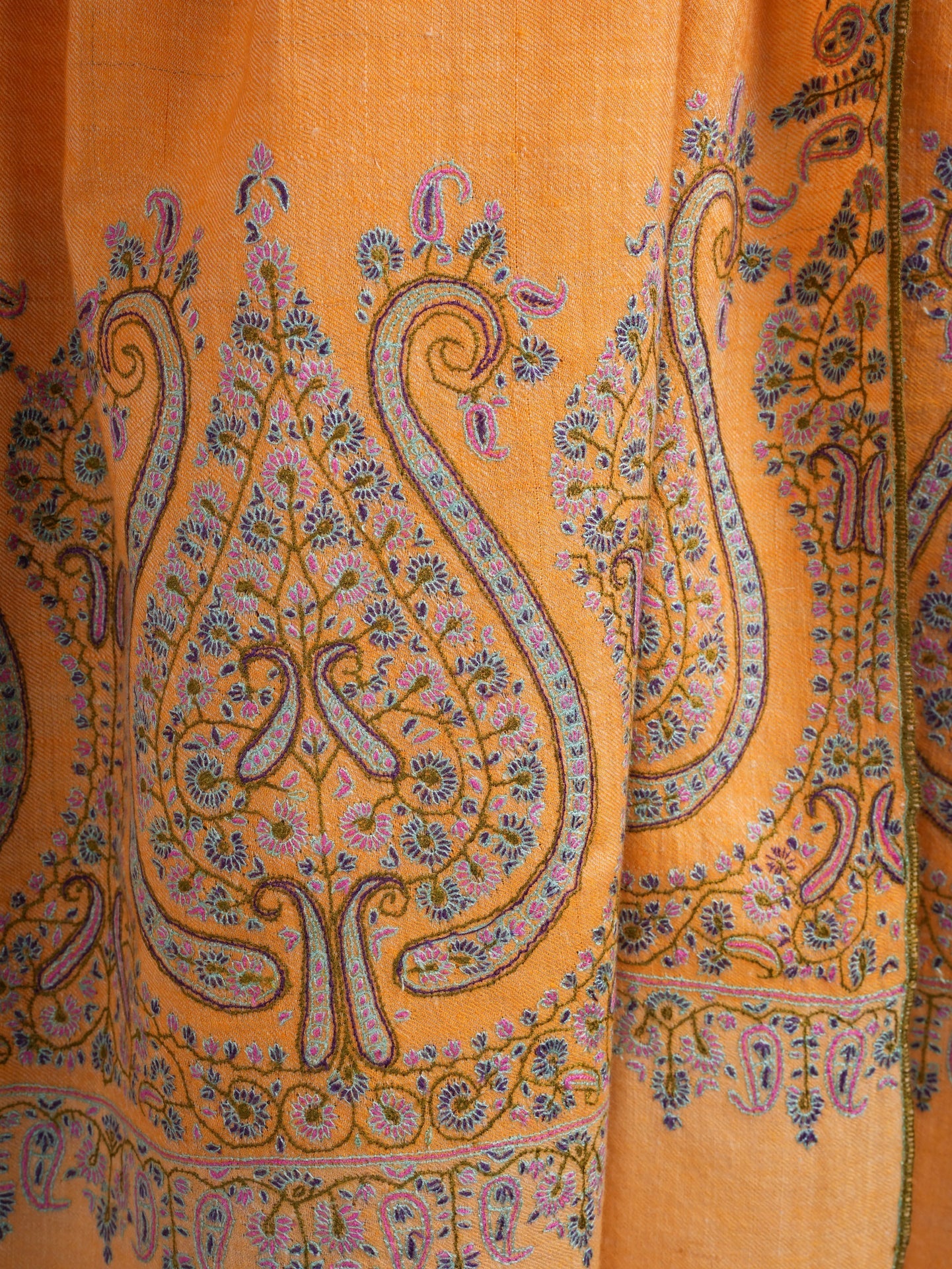 Orange Kashmir Pashmina Shawl with Palla Sozni Embroidery Shahkaar