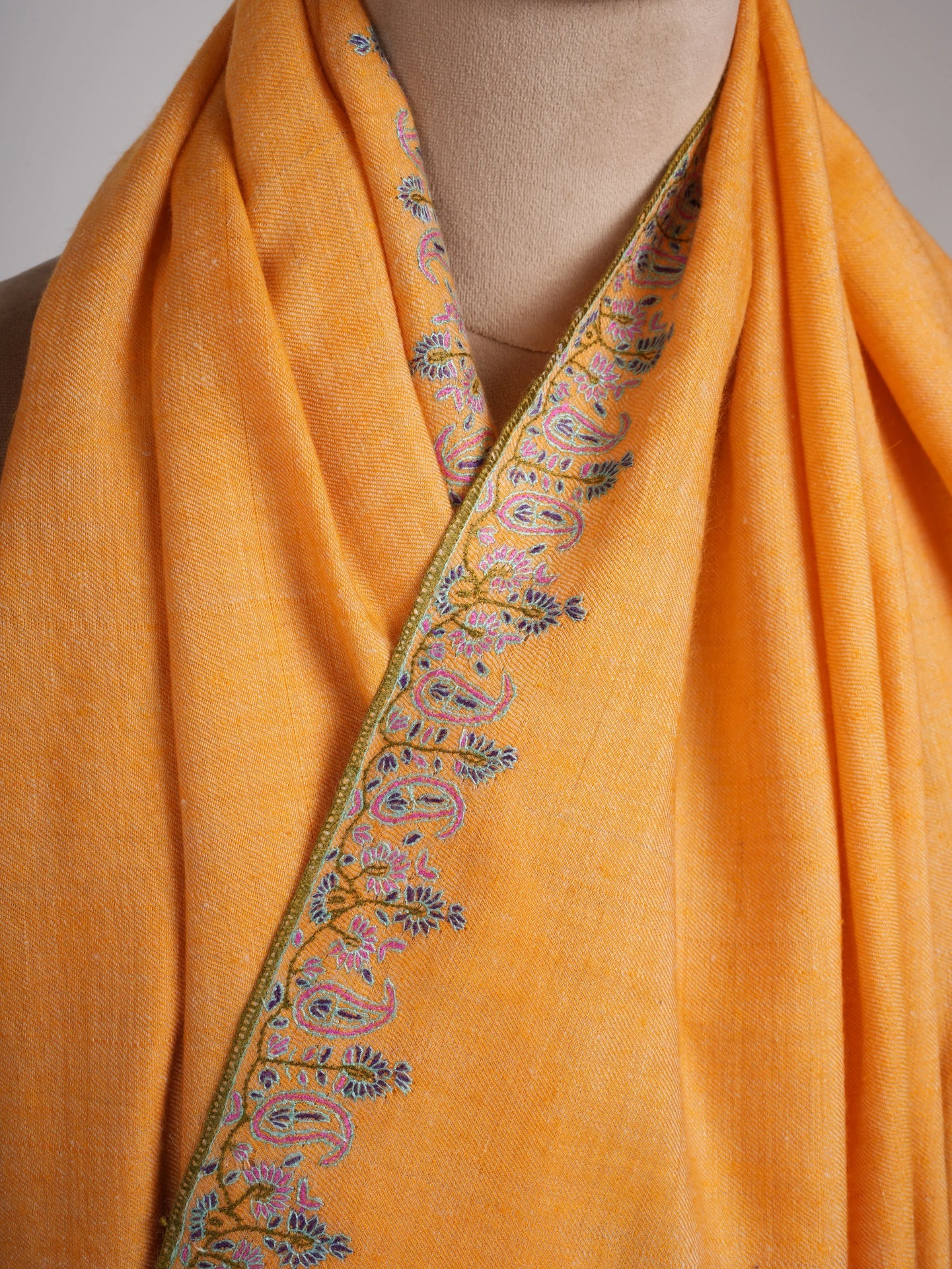 Orange Kashmir Pashmina Shawl with Palla Sozni Embroidery Shahkaar
