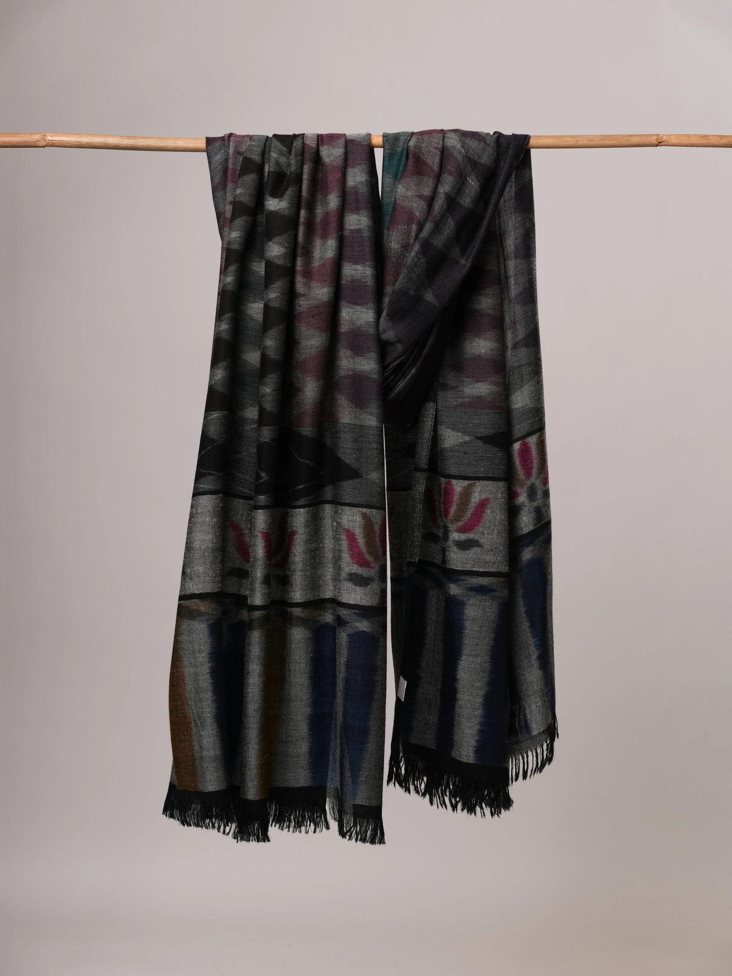 Oversized Black Ikat Handwoven Indian Pashmina Shawl Shahkaar