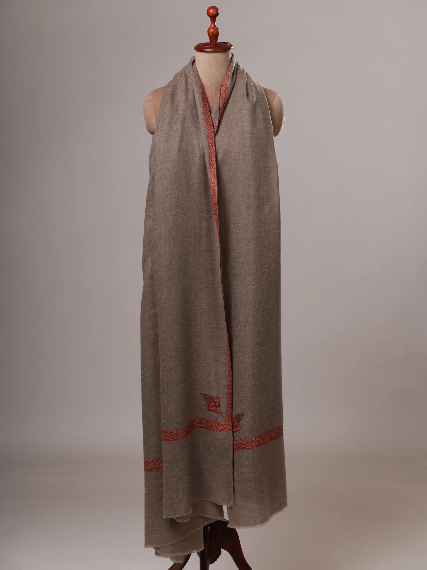 Oversized Natural Grey Hashia Embroidered Baby Soft Pashmina Wrap Shahkaar