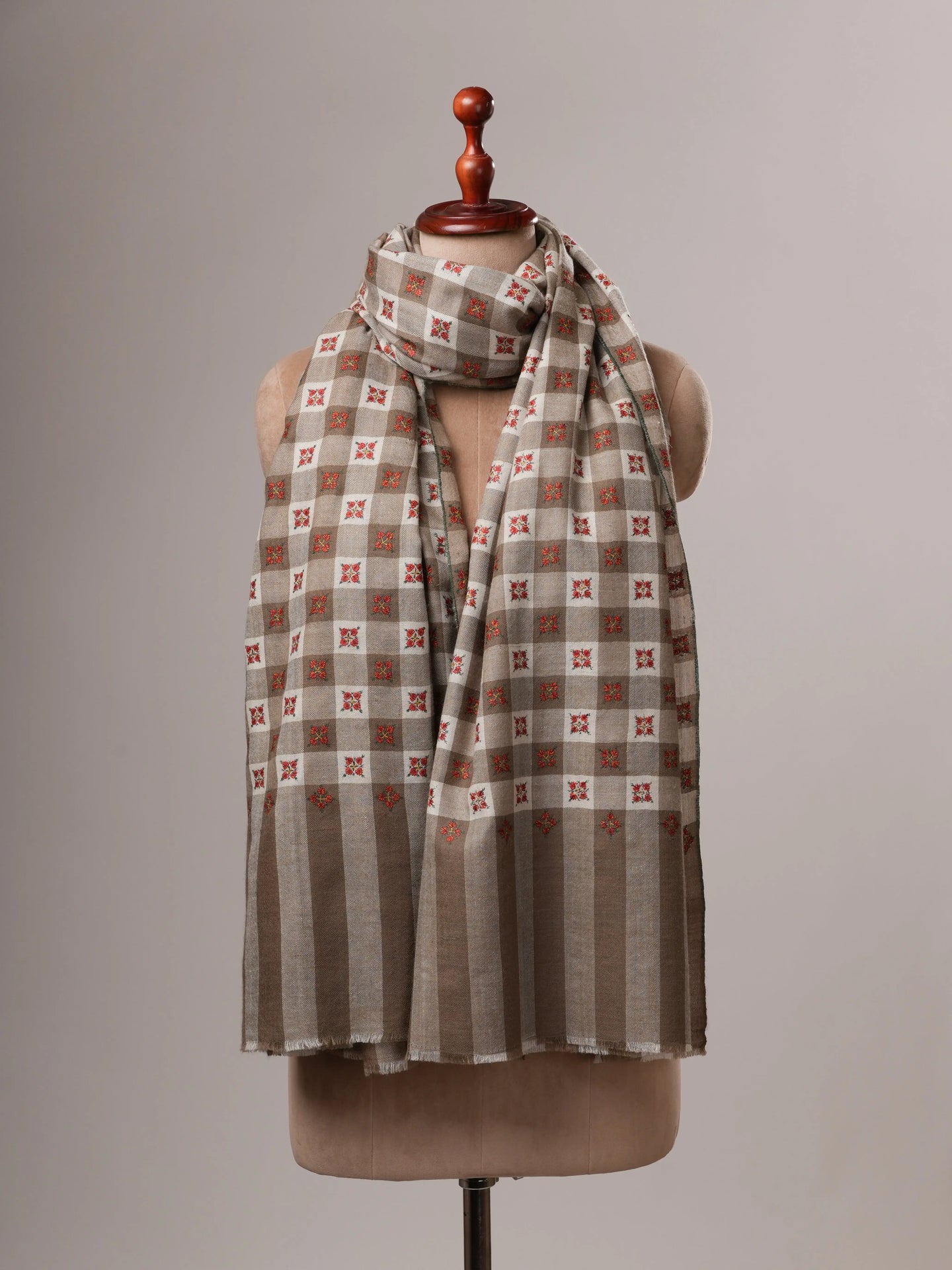 Pashmina Shawl in Natural White and Grey Check Tone with Buteh Embroidery Shahkaar