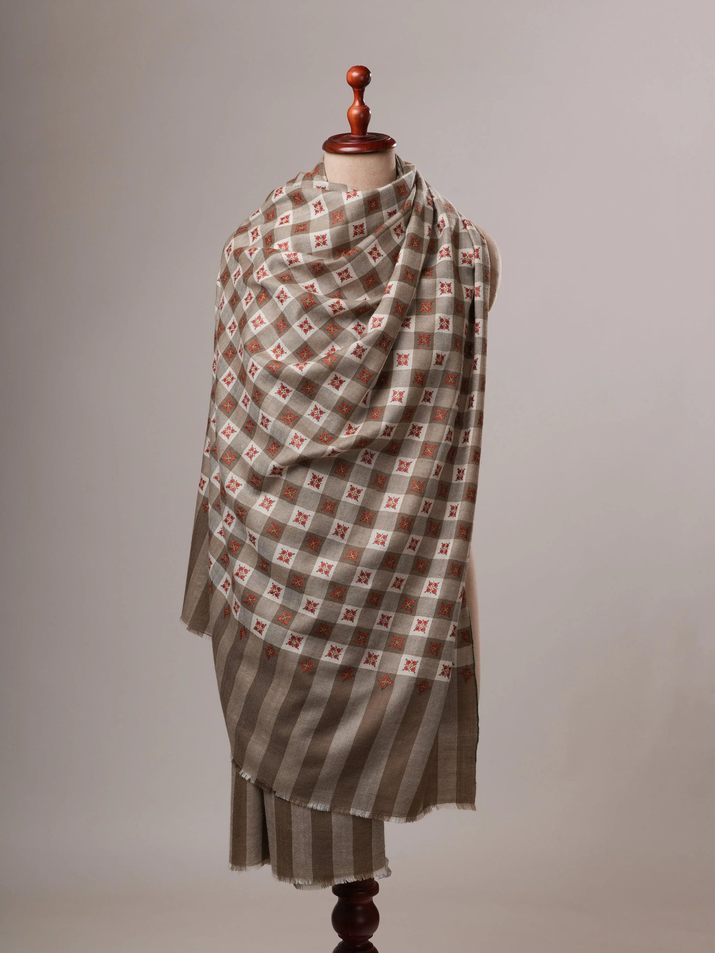 Pashmina Shawl in Natural White and Grey Check Tone with Buteh Embroidery Shahkaar