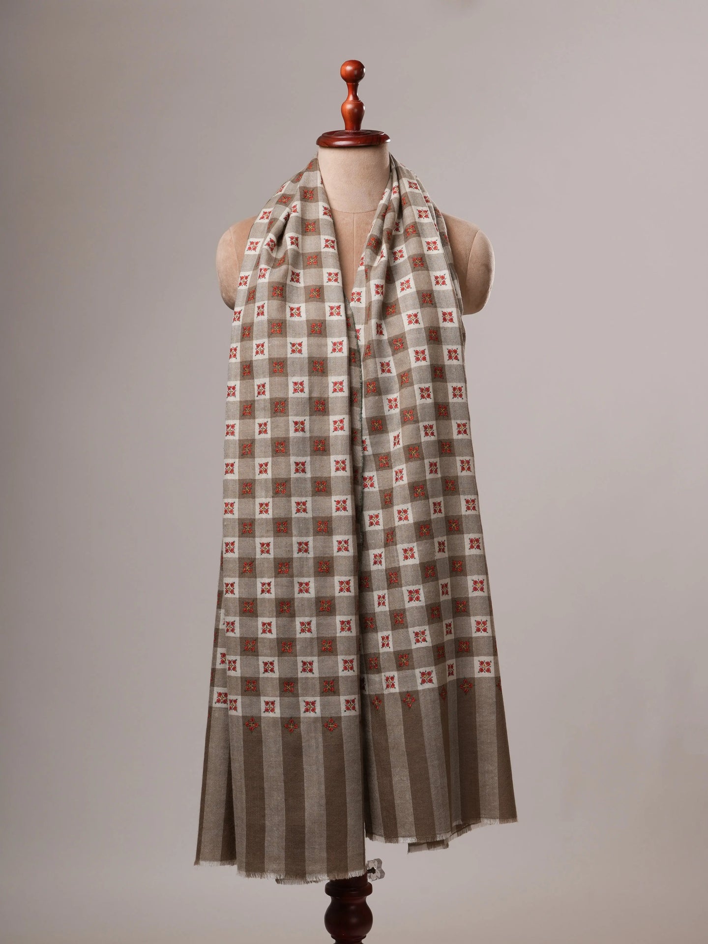 Pashmina Shawl in Natural White and Grey Check Tone with Buteh Embroidery Shahkaar