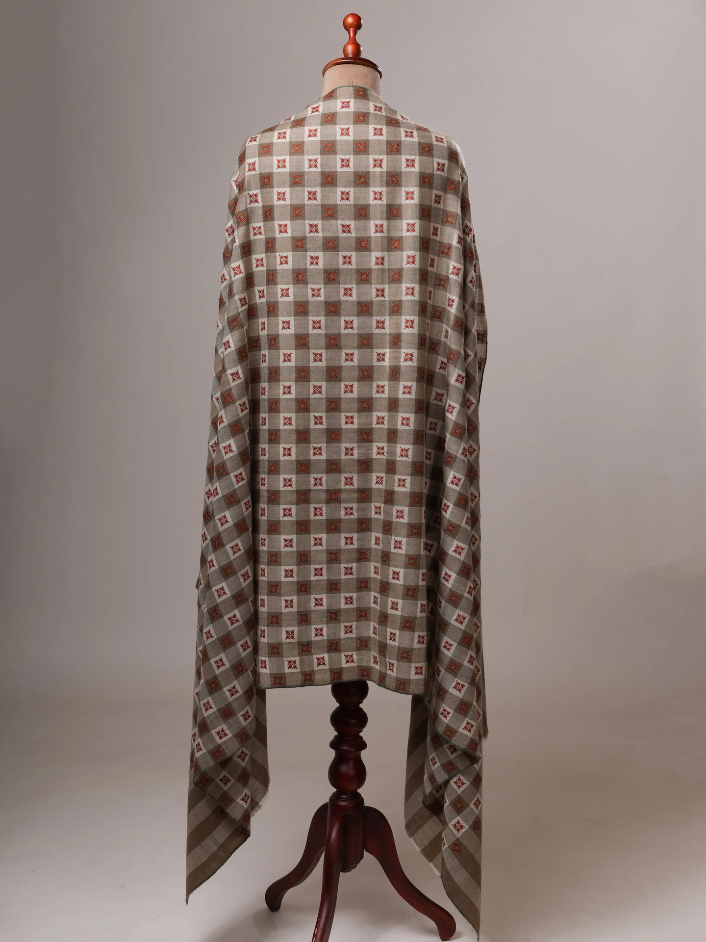 Pashmina Shawl in Natural White and Grey Check Tone with Buteh Embroidery Shahkaar