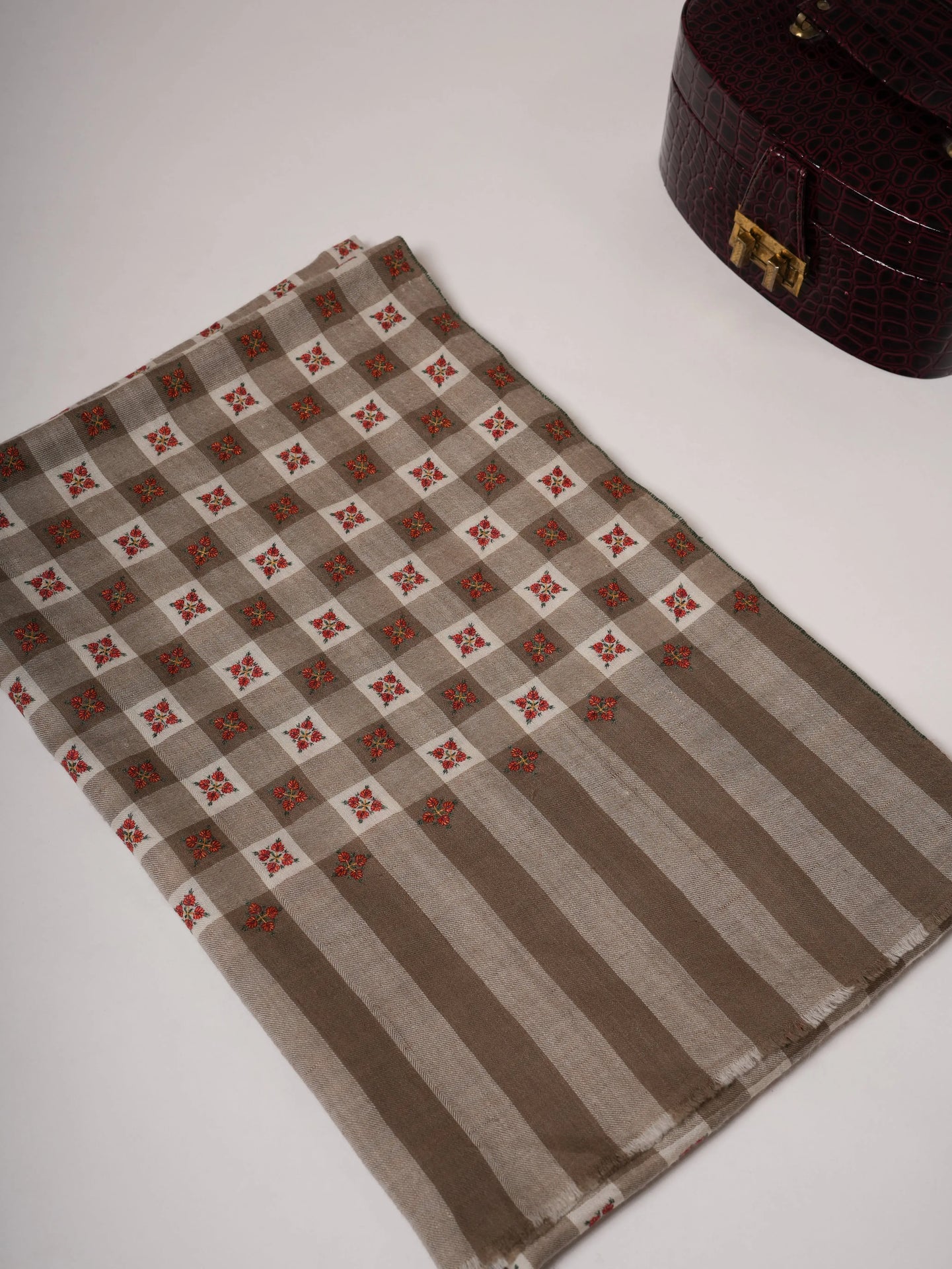 Pashmina Shawl in Natural White and Grey Check Tone with Buteh Embroidery Shahkaar