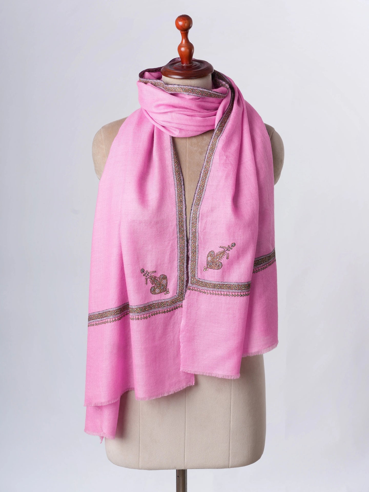 Pink Hashia Border Hand Embroidered Baby Soft Pure Cashmere Scarf Shahkaar