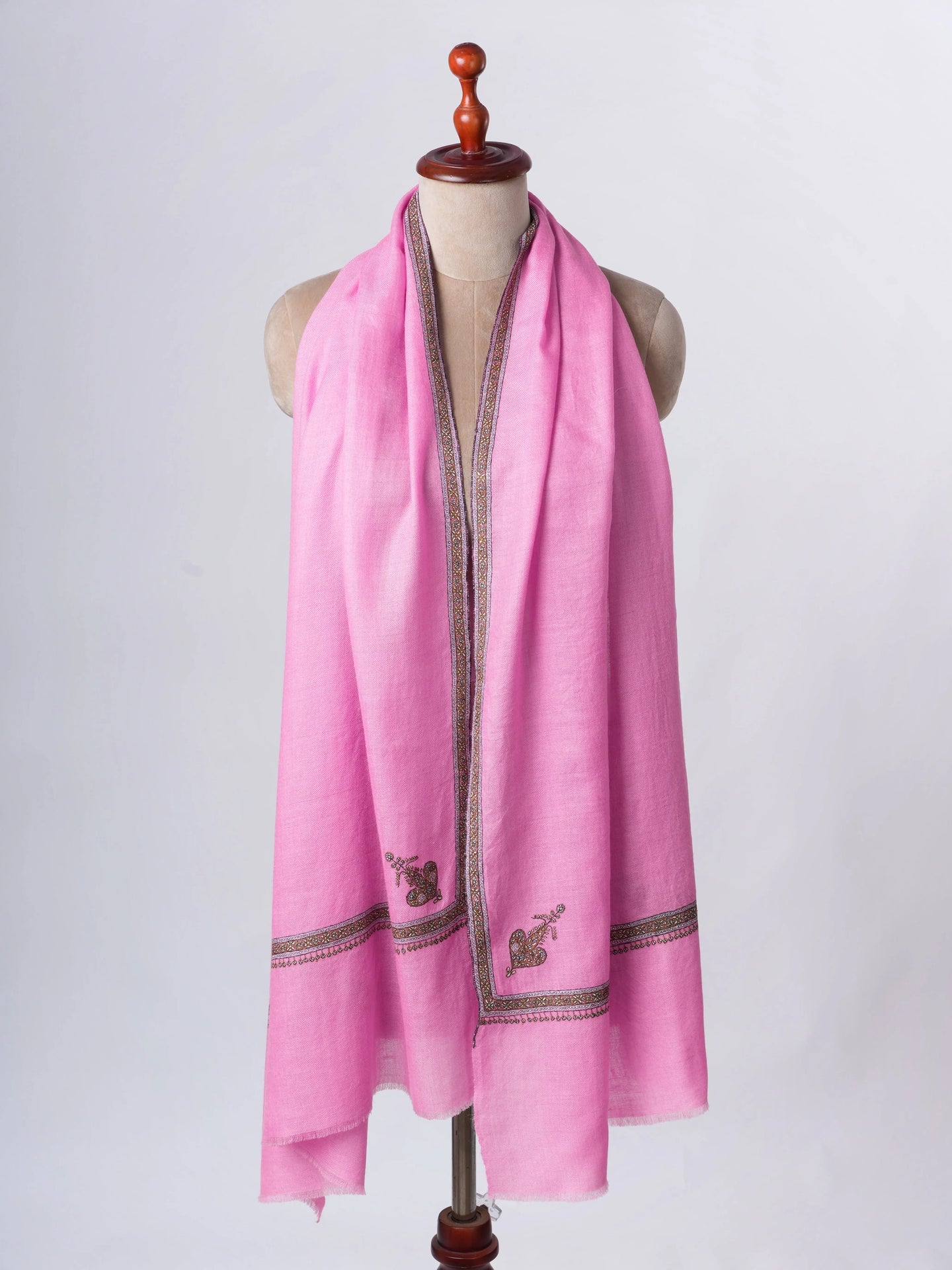 Pink Hashia Border Hand Embroidered Baby Soft Pure Cashmere Scarf Shahkaar