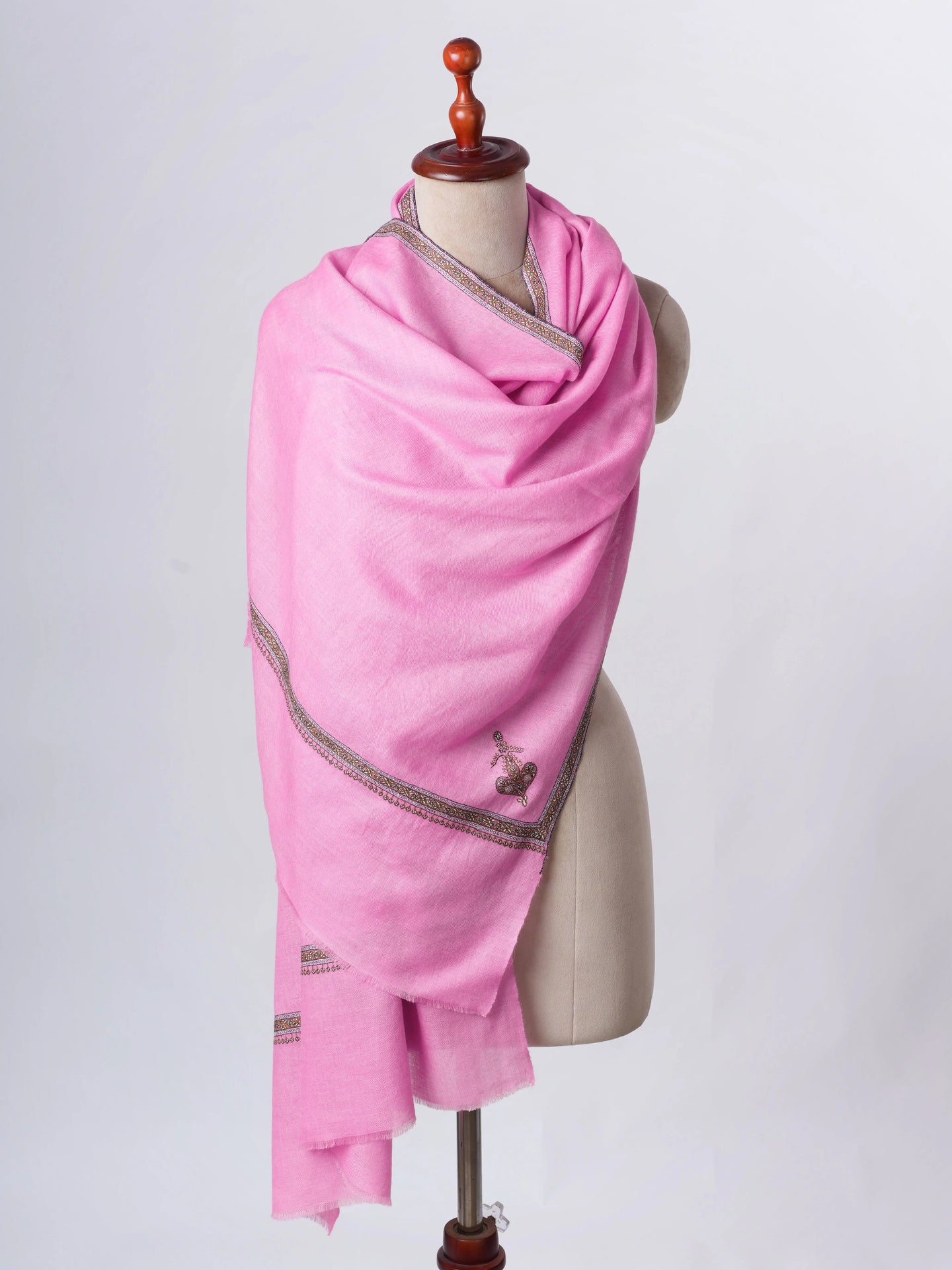 Pink Hashia Border Hand Embroidered Baby Soft Pure Cashmere Scarf Shahkaar