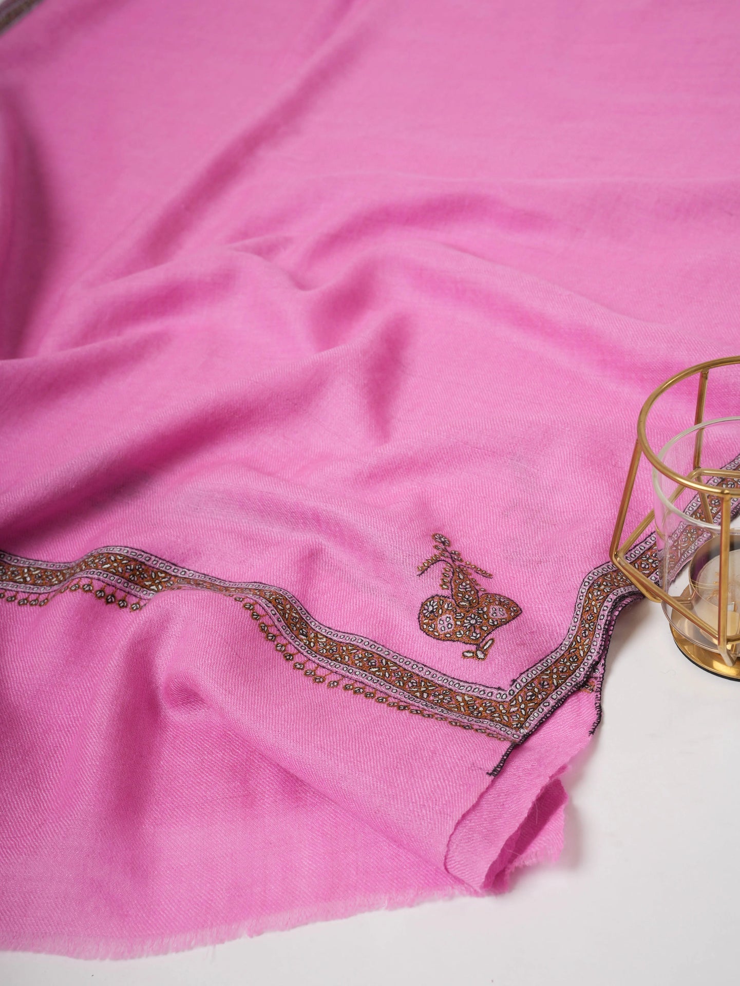 Pink Hashia Border Hand Embroidered Baby Soft Pure Cashmere Scarf Shahkaar