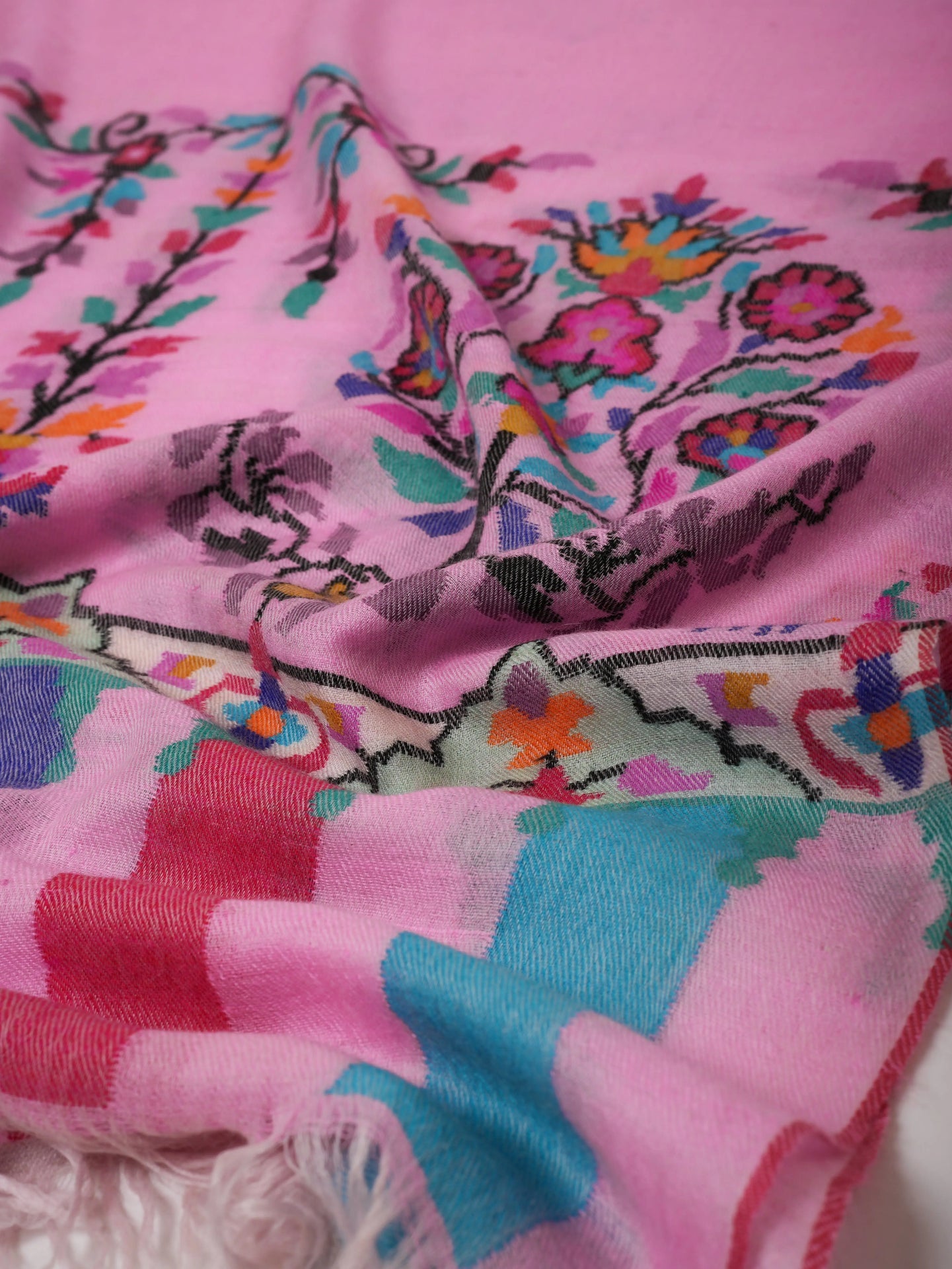 Pink Kani Pashmina Shawl | Handwoven Kashmiri Cashmere Wrap with Traditional Motifs Shahkaar