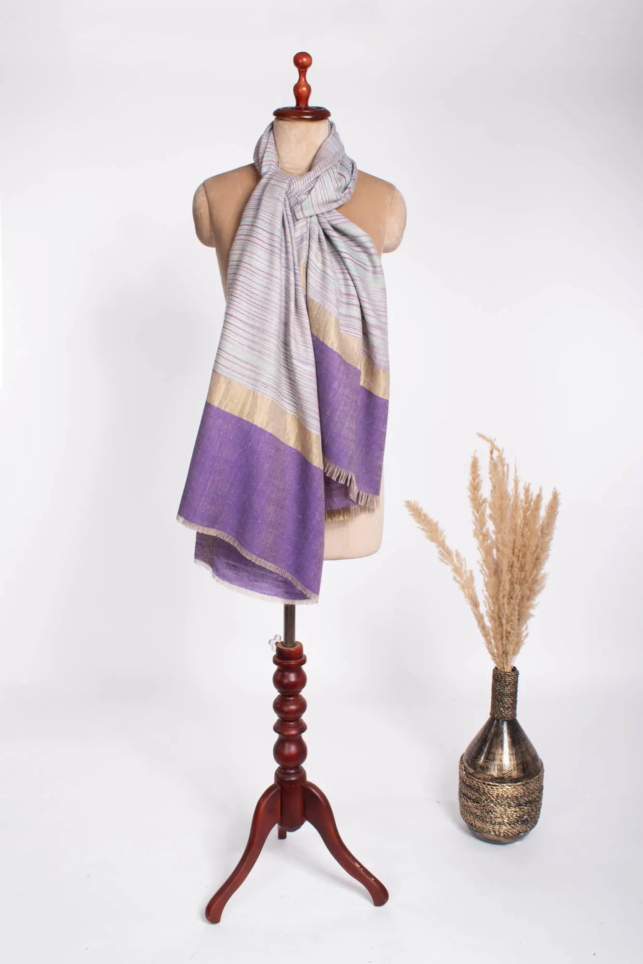 Purple Blue Hued Ikat Pashmina Wrap Adorned with Zari - GOSPORT Shahkaar