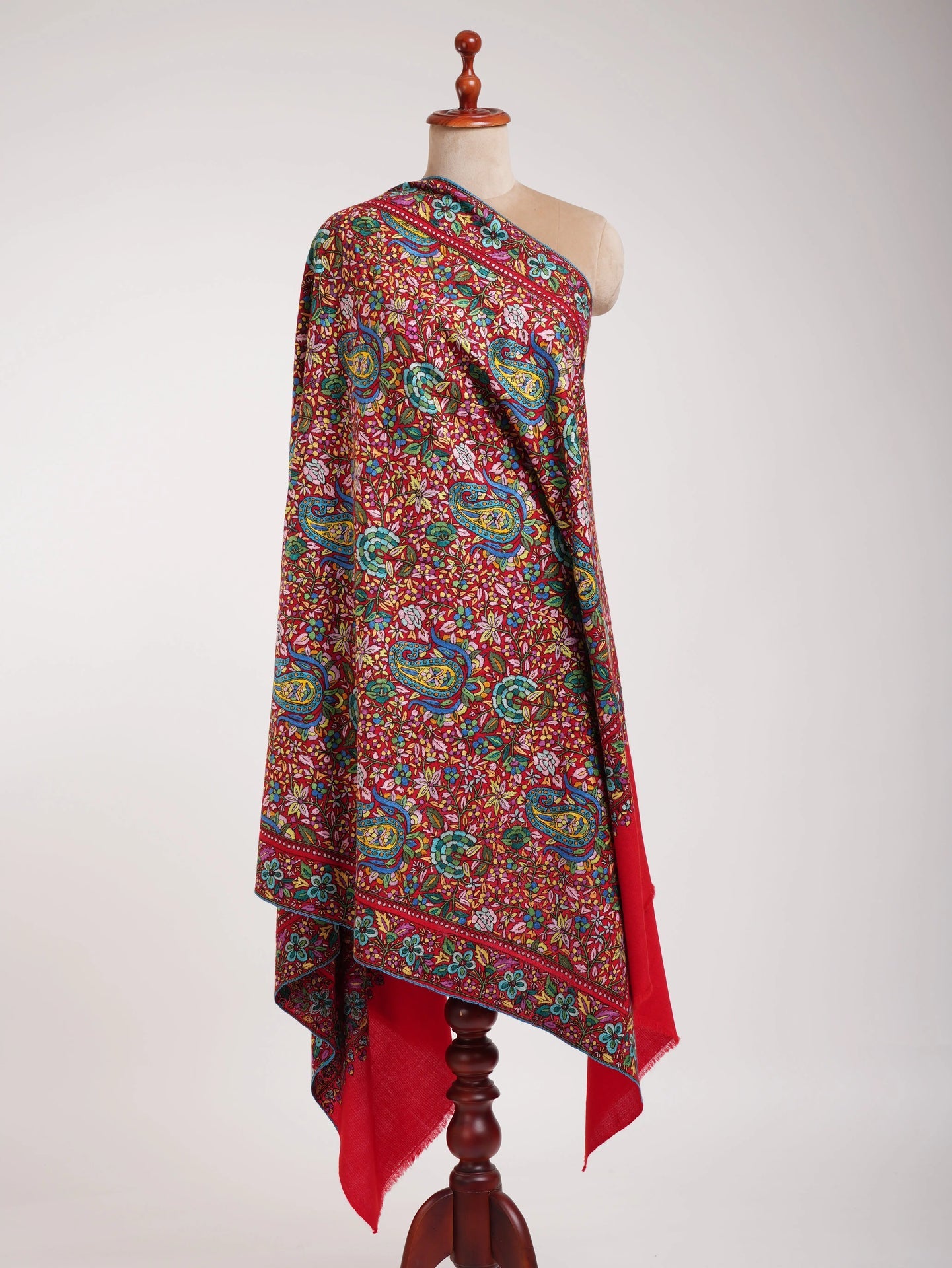 Red Orange Hand Embroidered Kashmiri Pashmina Jamavar Shawl Shahkaar