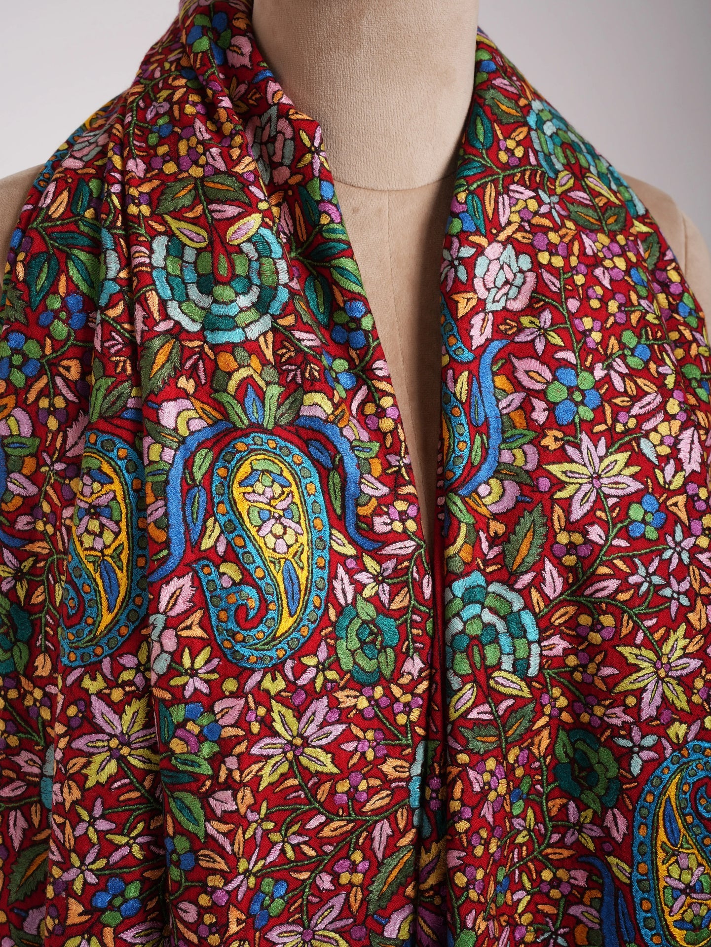 Red Orange Hand Embroidered Kashmiri Pashmina Jamavar Shawl Shahkaar