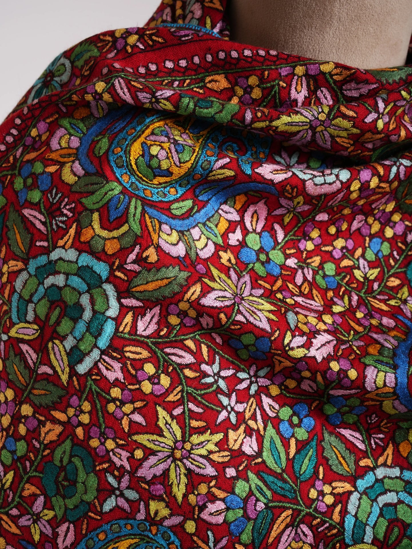 Red Orange Hand Embroidered Kashmiri Pashmina Jamavar Shawl Shahkaar