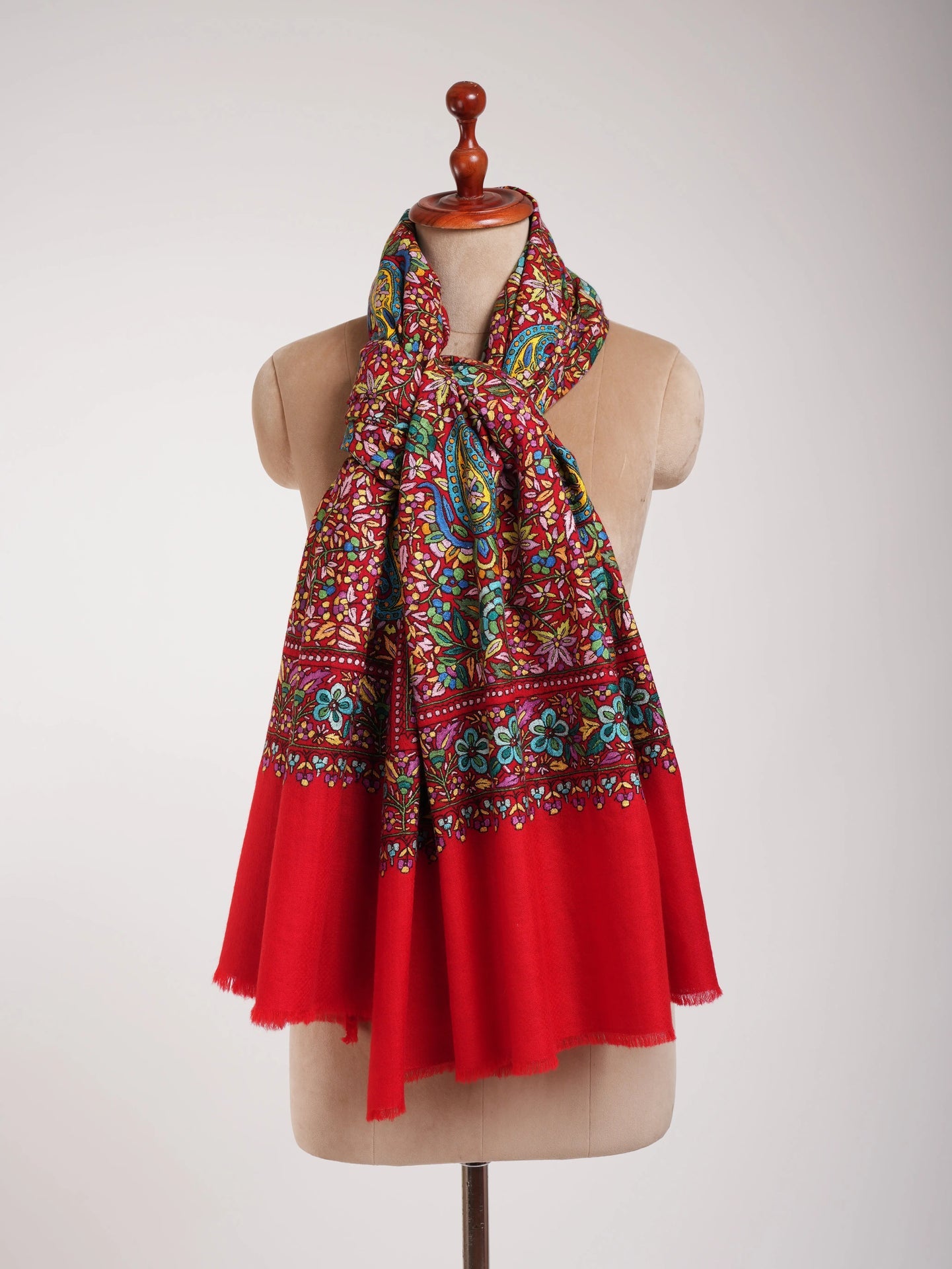 Red Orange Hand Embroidered Kashmiri Pashmina Jamavar Shawl Shahkaar