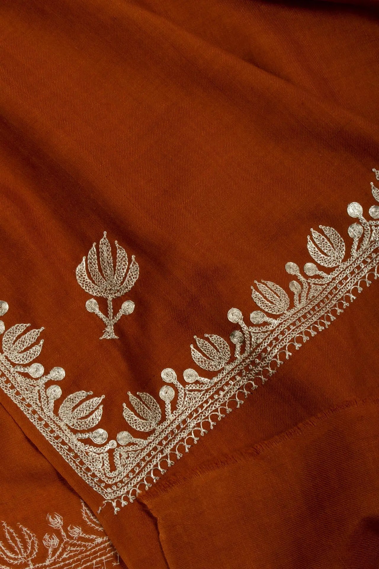 Rust Pashmina Wrap adorned with a Lotus Motif Tilla - BHANDARIA Shahkaar