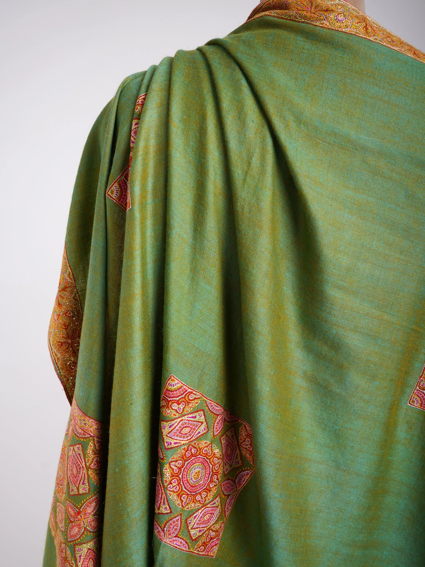 Silk Sozni Dorukha Pashmina Shawl Green Shahkaar