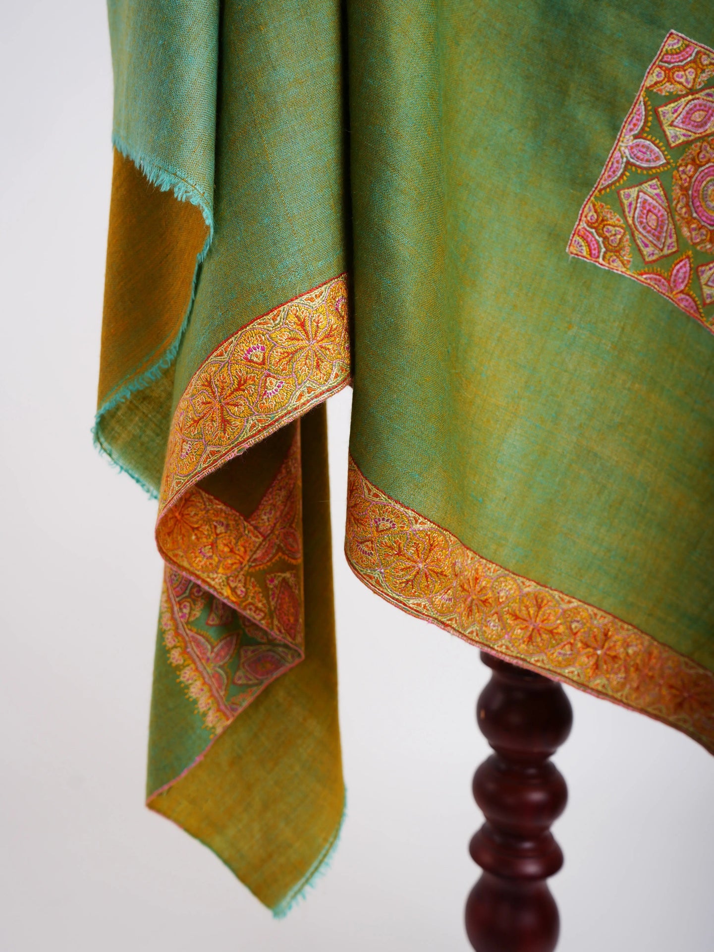Silk Sozni Dorukha Pashmina Shawl Green Shahkaar