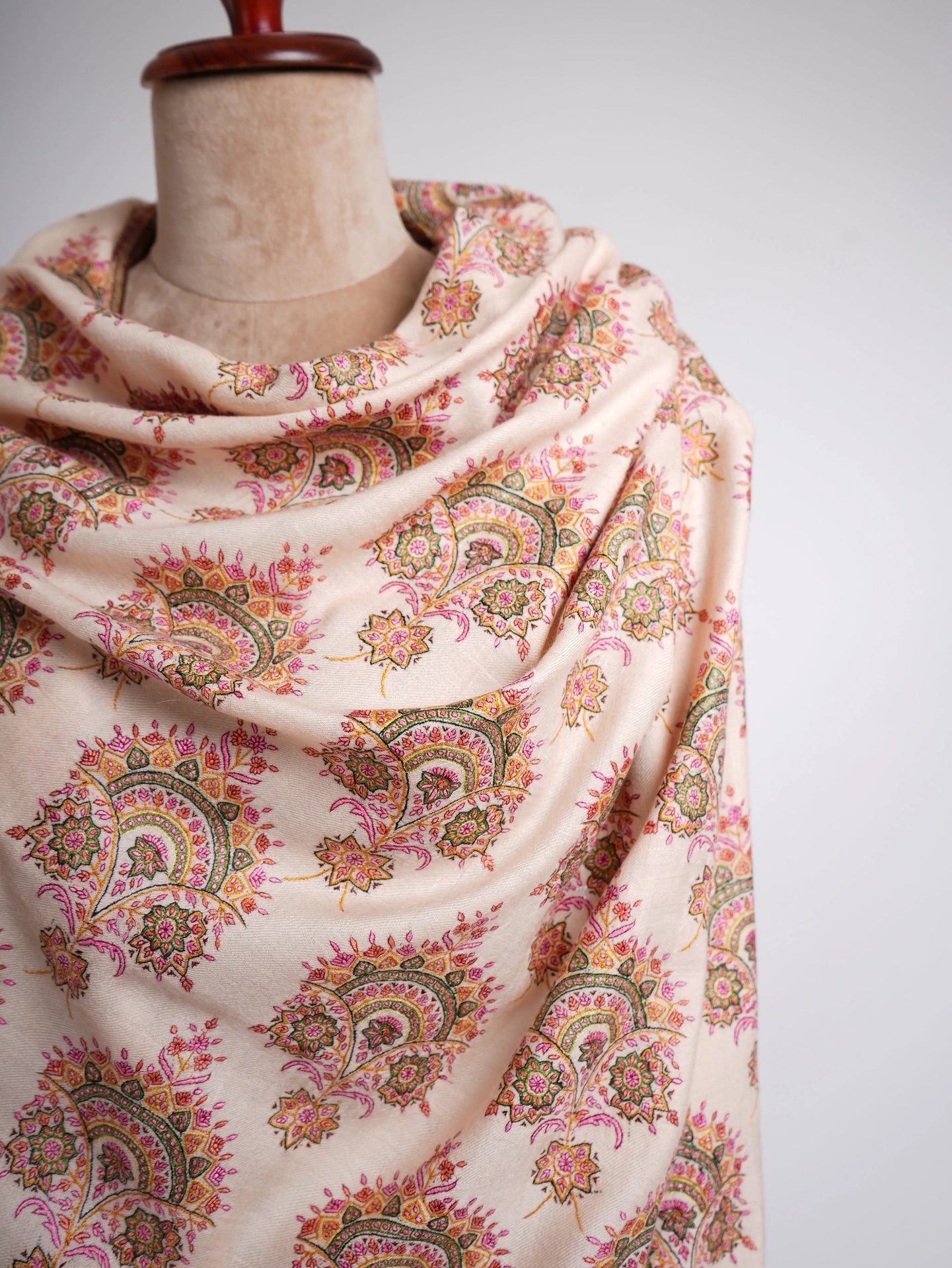 Silk Sozni Hand Embroidered Butah Pashmina Shawl Natural Shahkaar
