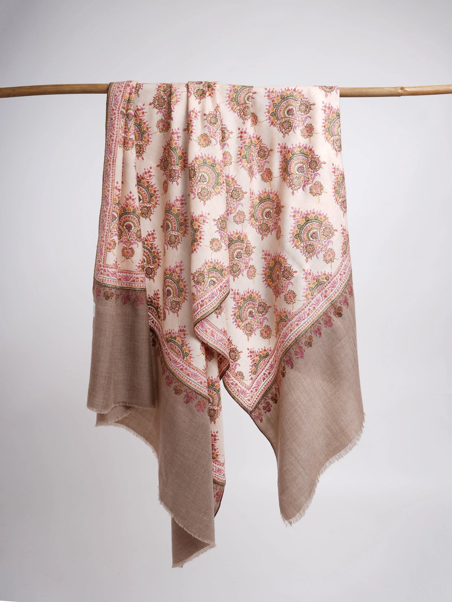 Silk Sozni Hand Embroidered Butah Pashmina Shawl Natural Shahkaar