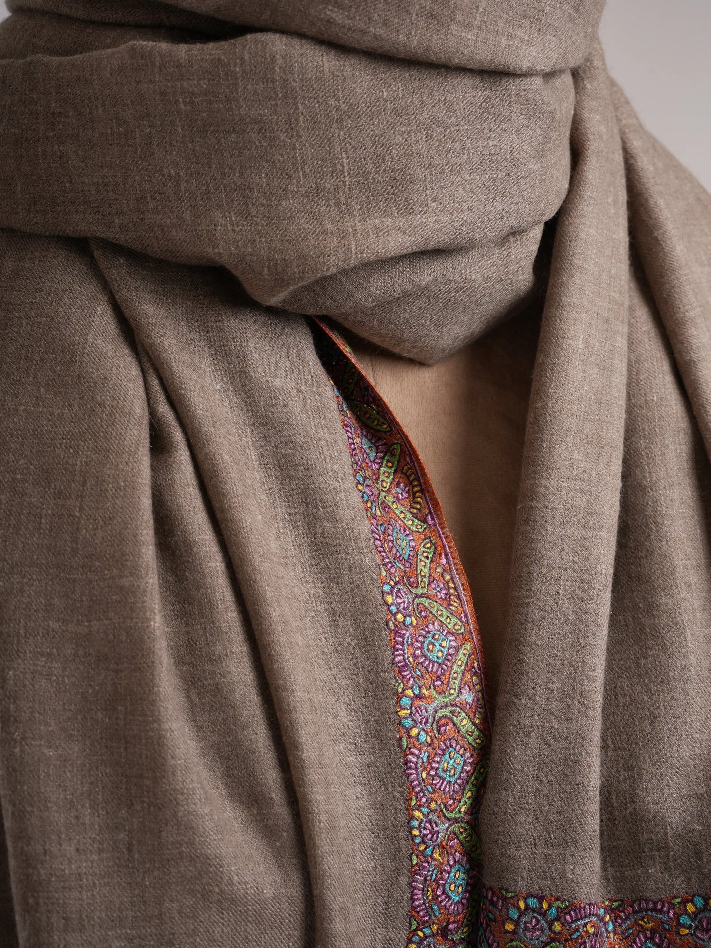 Taupe Traditional Neemdaur Needlework Pashmina Shawl Shahkaar