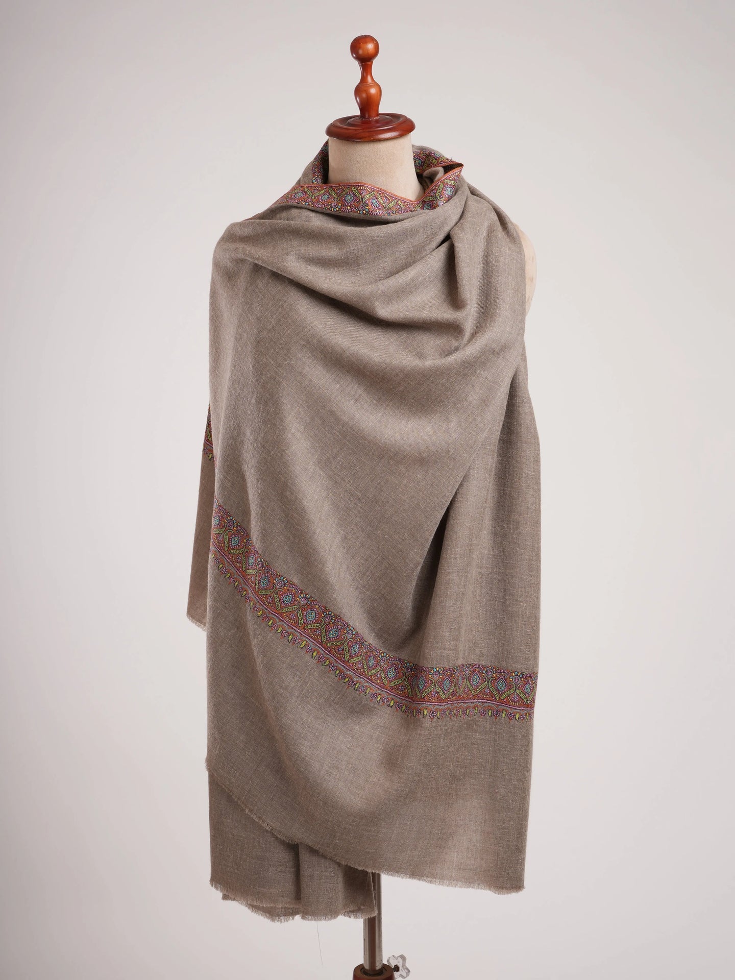 Taupe Traditional Neemdaur Needlework Pashmina Shawl Shahkaar