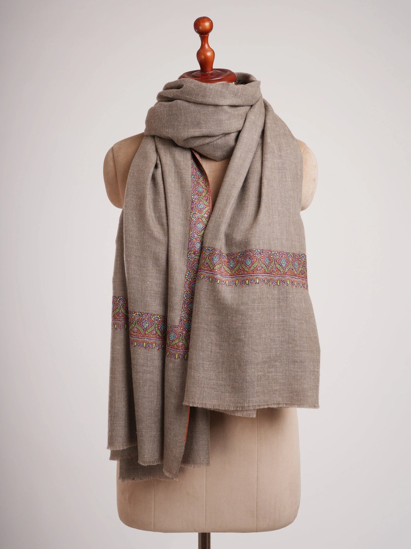 Taupe Traditional Neemdaur Needlework Pashmina Shawl Shahkaar