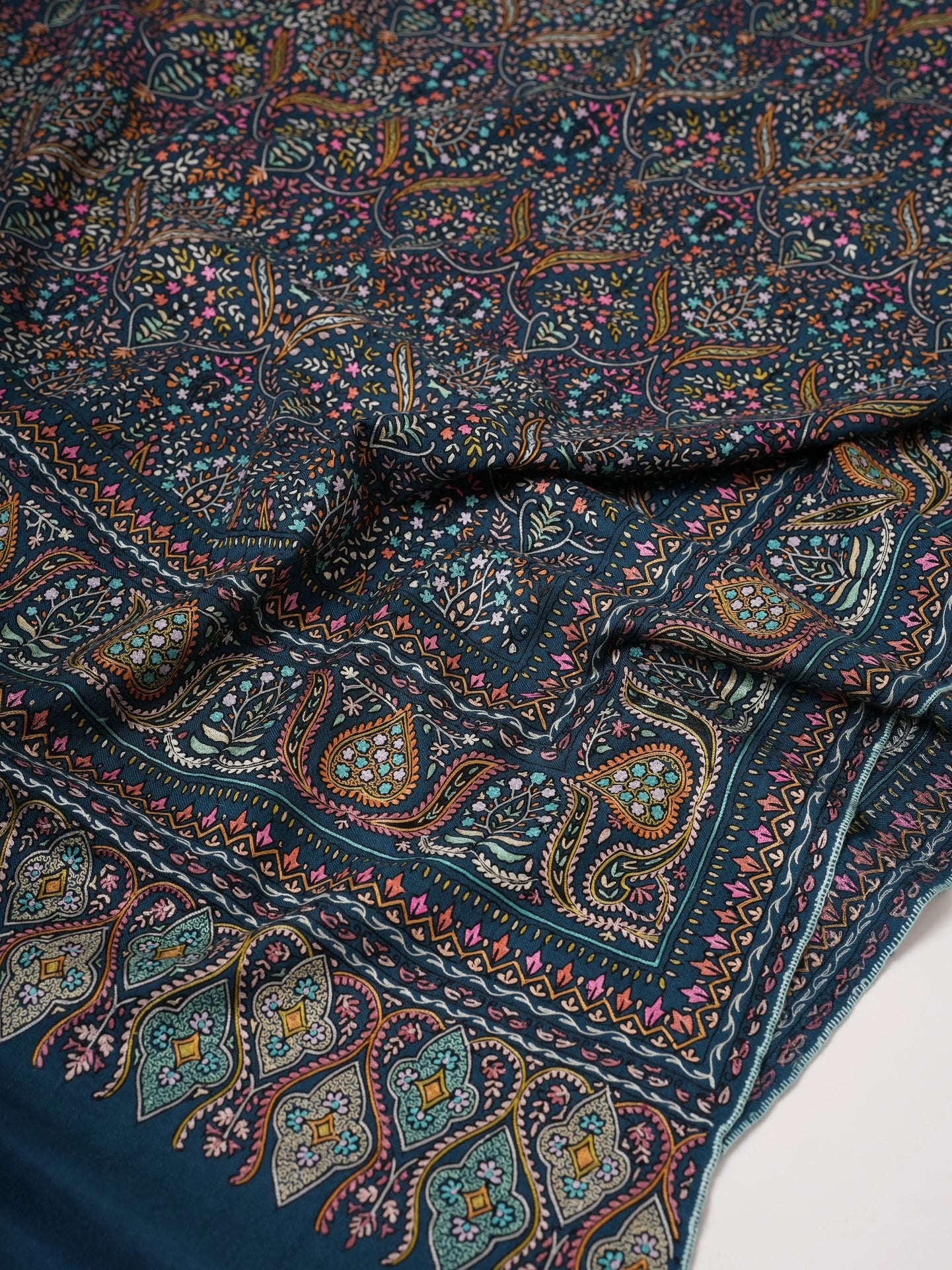 Teal Pashmina Shawl with Hand Hook Embroidery Shahkaar