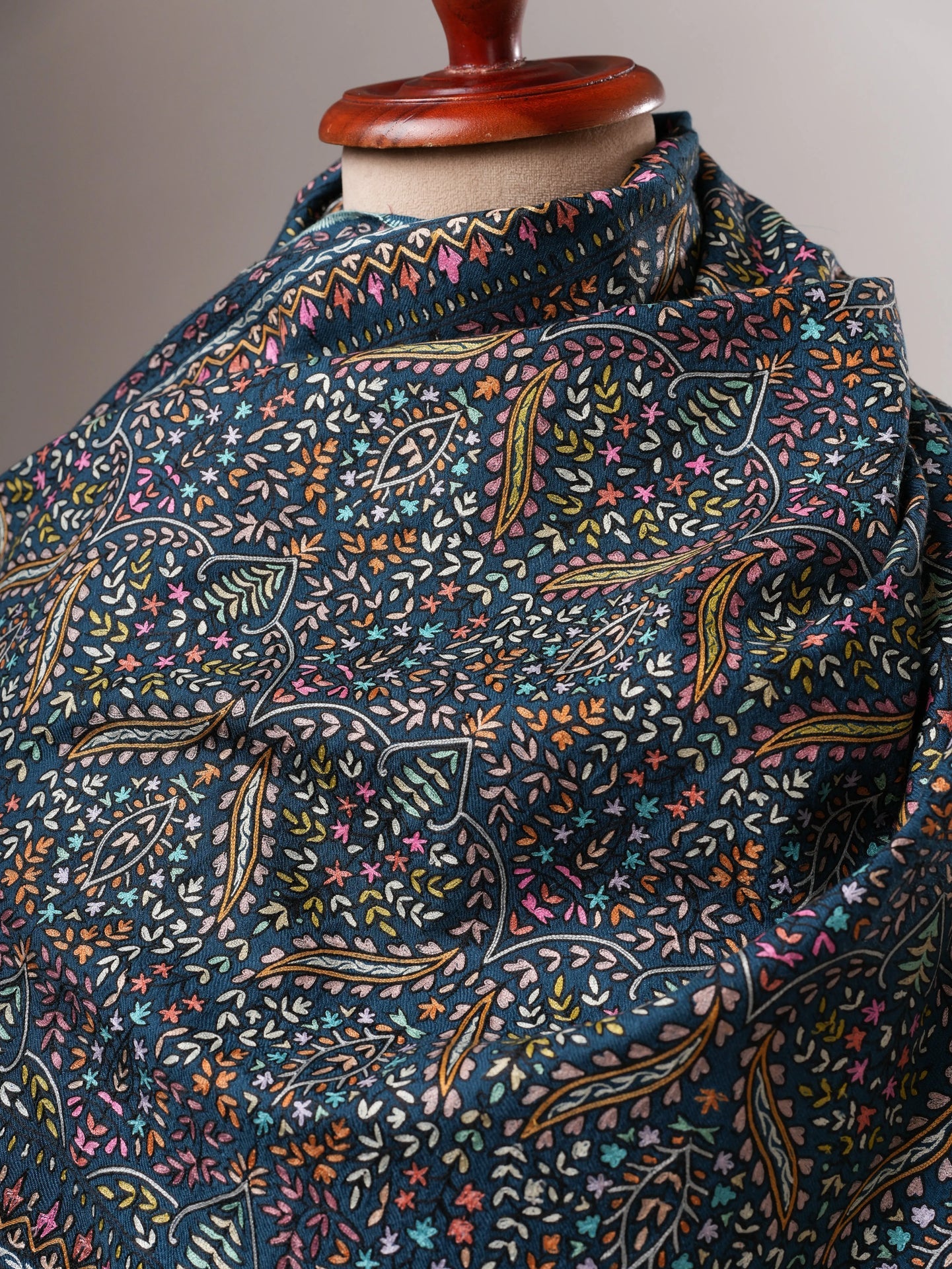 Teal Pashmina Shawl with Hand Hook Embroidery Shahkaar