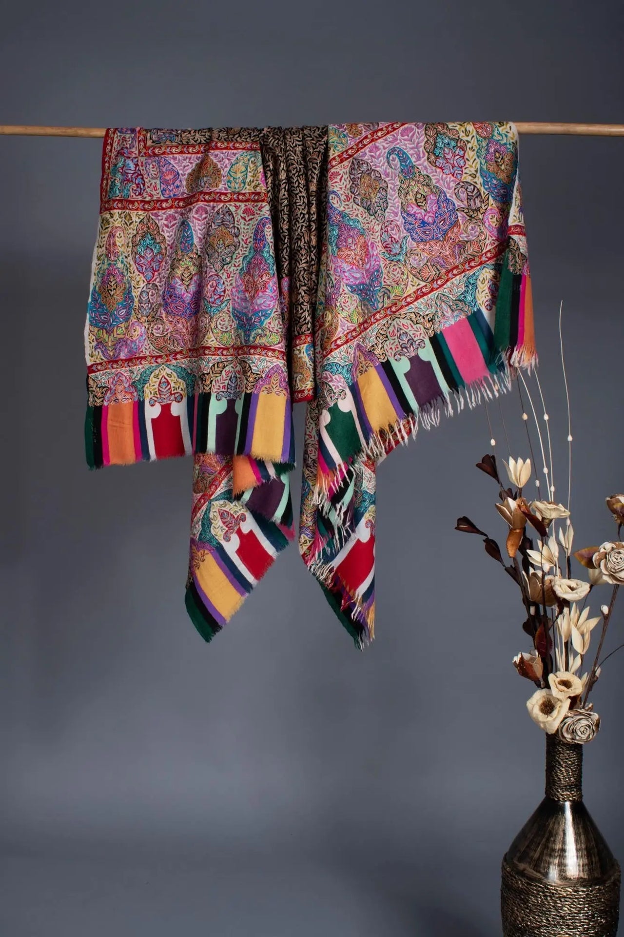 Warm and Artistic Hand painted and Embroidered Pashmina Shawl - CUMILLA Shahkaar